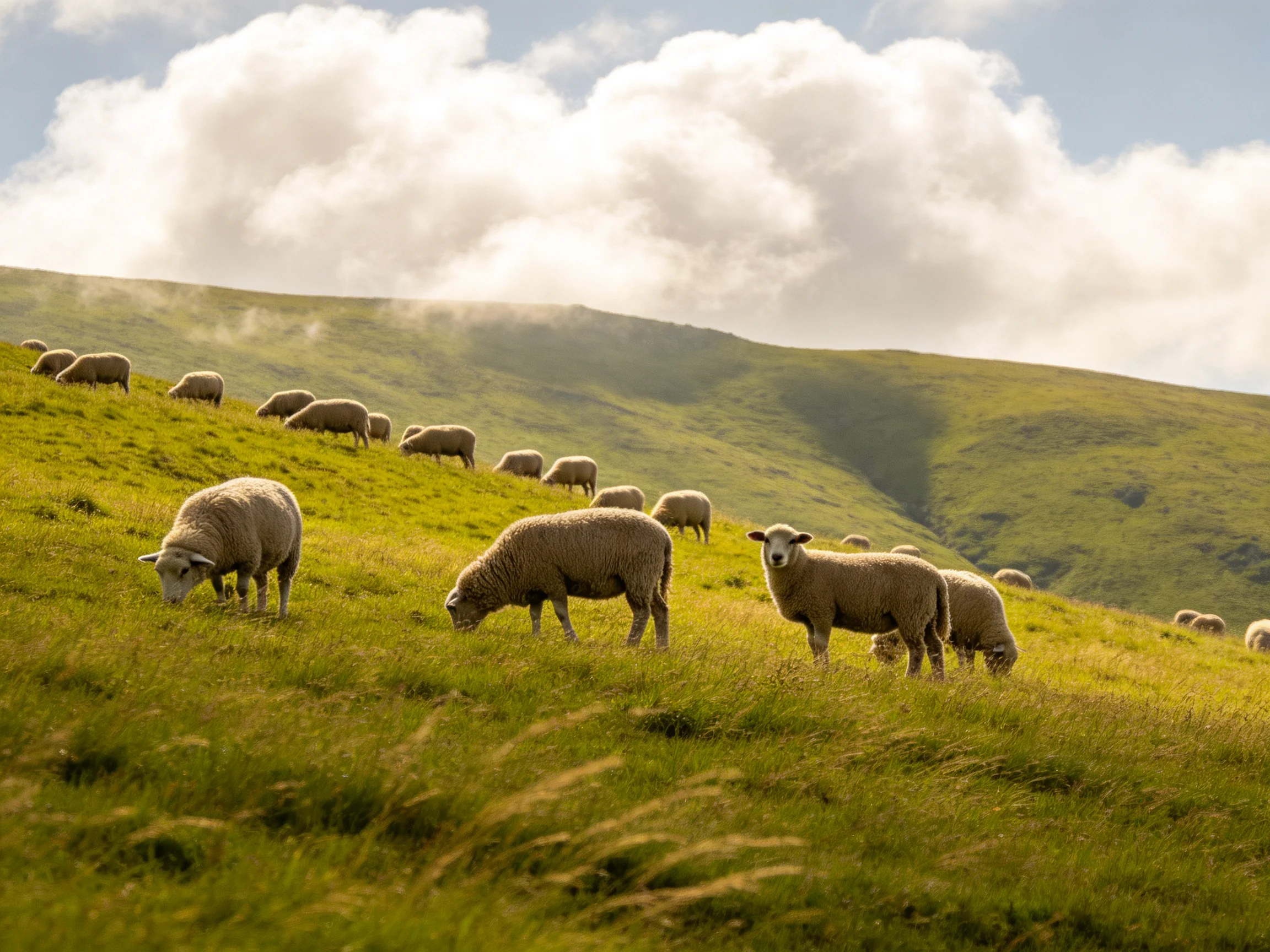 A flock of sheep grazing on a lush green hillside under fluffy white clouds