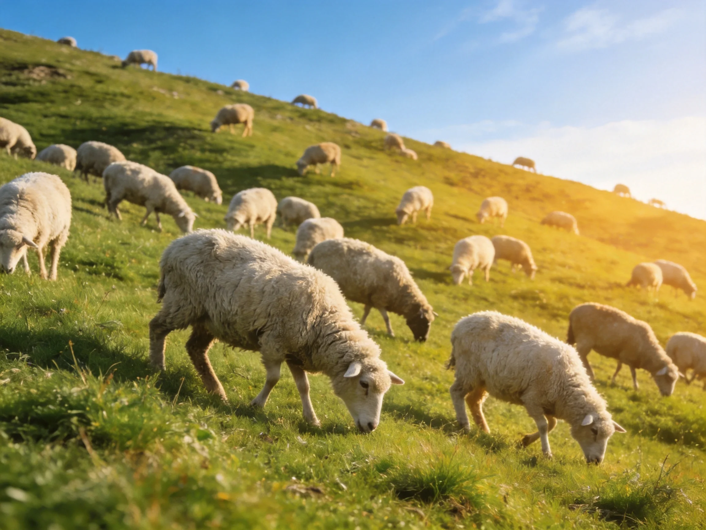 Many sheep graze on a verdant hillside illuminated by sunlight.