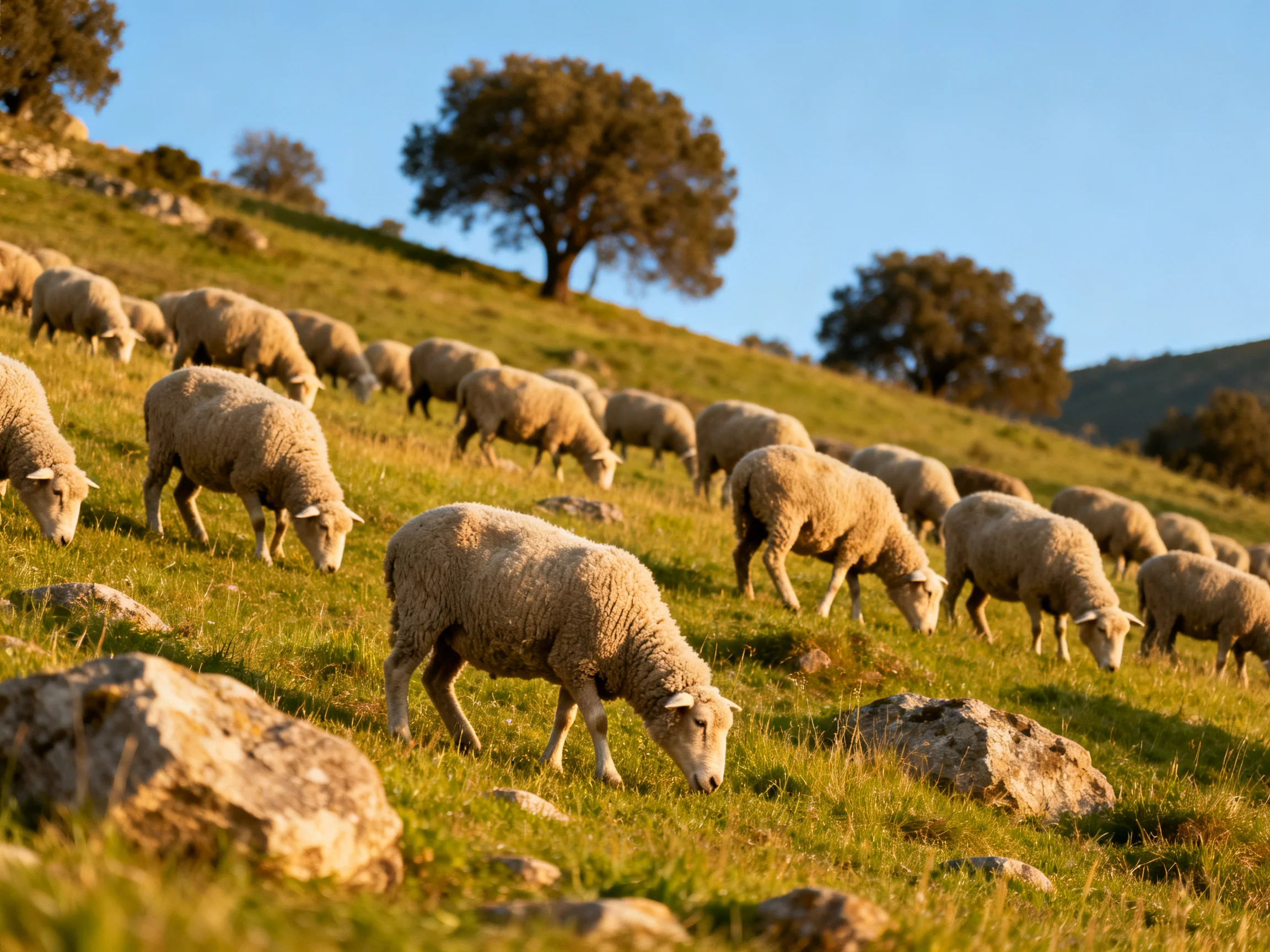 A flock of sheep grazing on a lush green hillside with scattered rocks