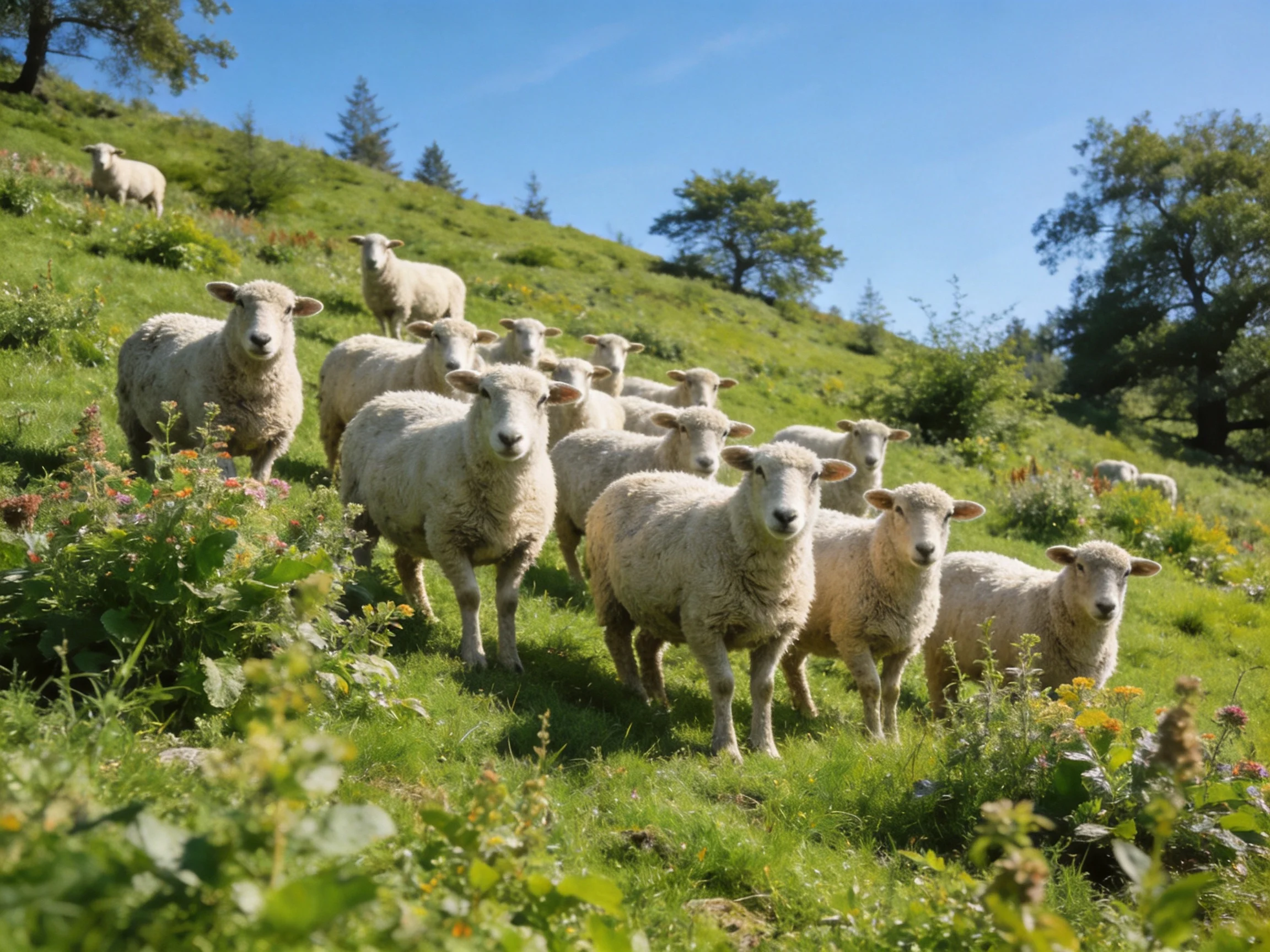 Sheep gather on a sunny grassy hillside surrounded by vegetation