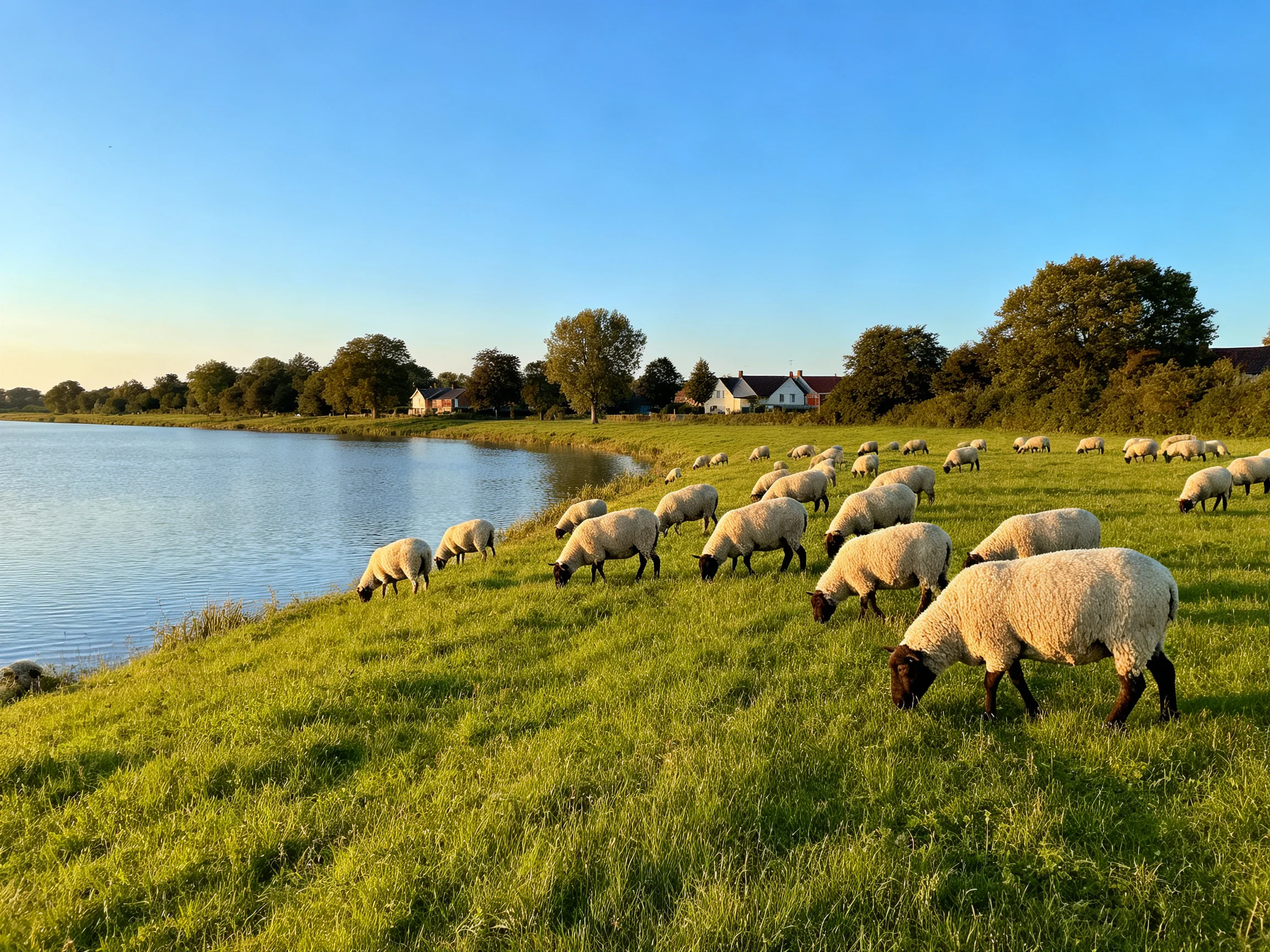 A flock of sheep grazes on a green meadow next to a calm lake