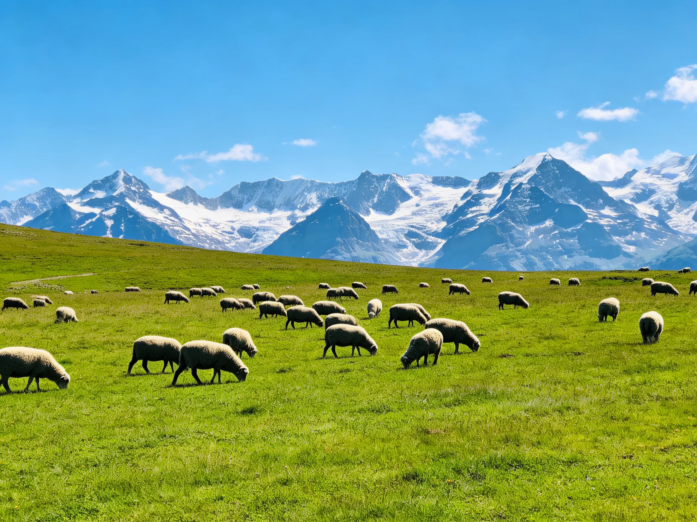 A flock of sheep grazing on a lush green meadow near snow-capped mountains