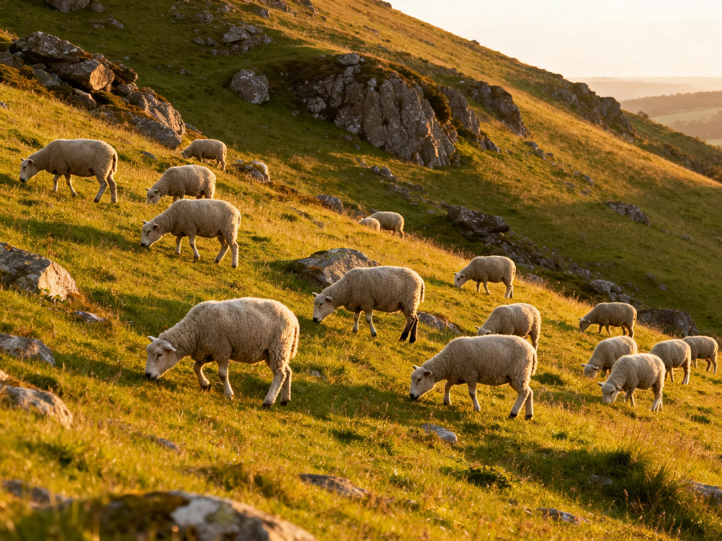 A flock of sheep grazing on a rocky, golden-hued hillside