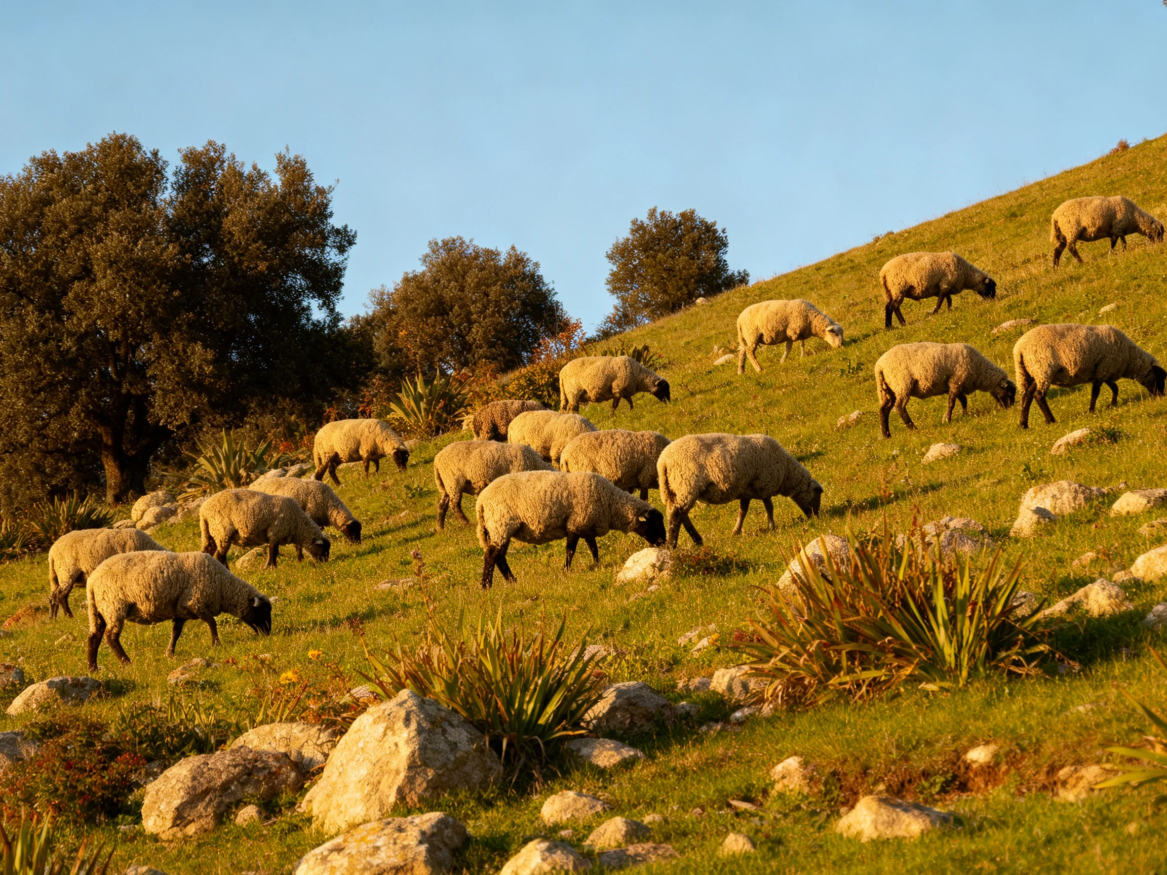 A flock of sheep grazes across a rocky, green hillside near olive trees.