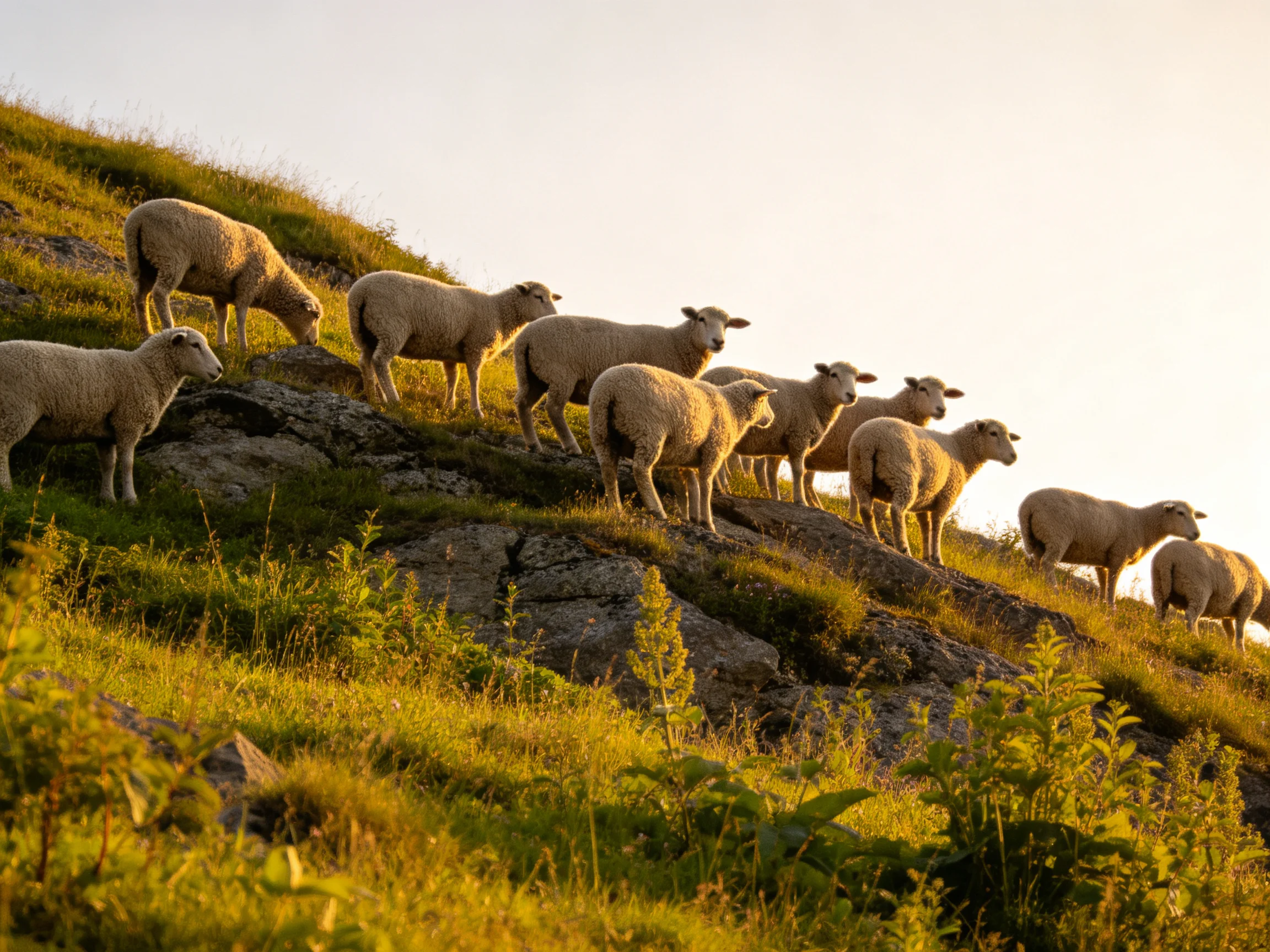 A flock of sheep grazing on a rocky hillside bathed in golden light