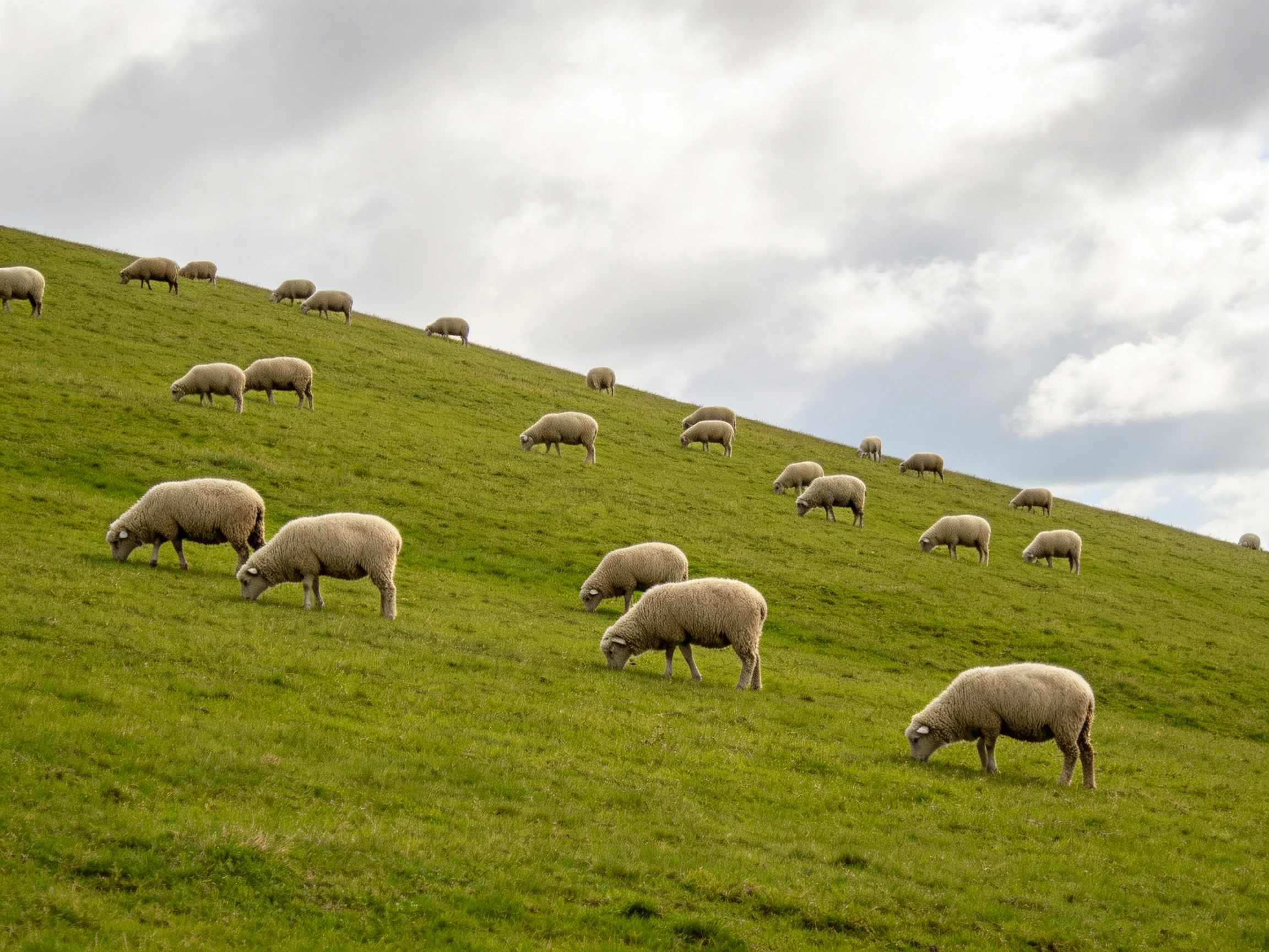A flock of sheep grazing on a steep, lush green hill under a cloudy sky