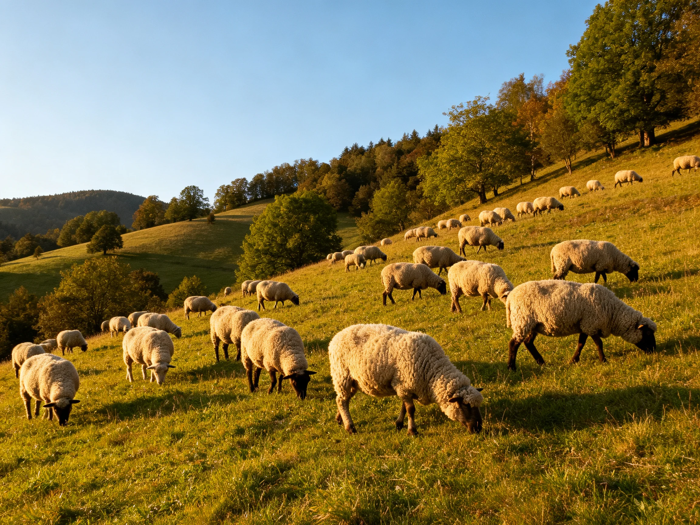 A flock of sheep grazing on a sunlit rolling hillside