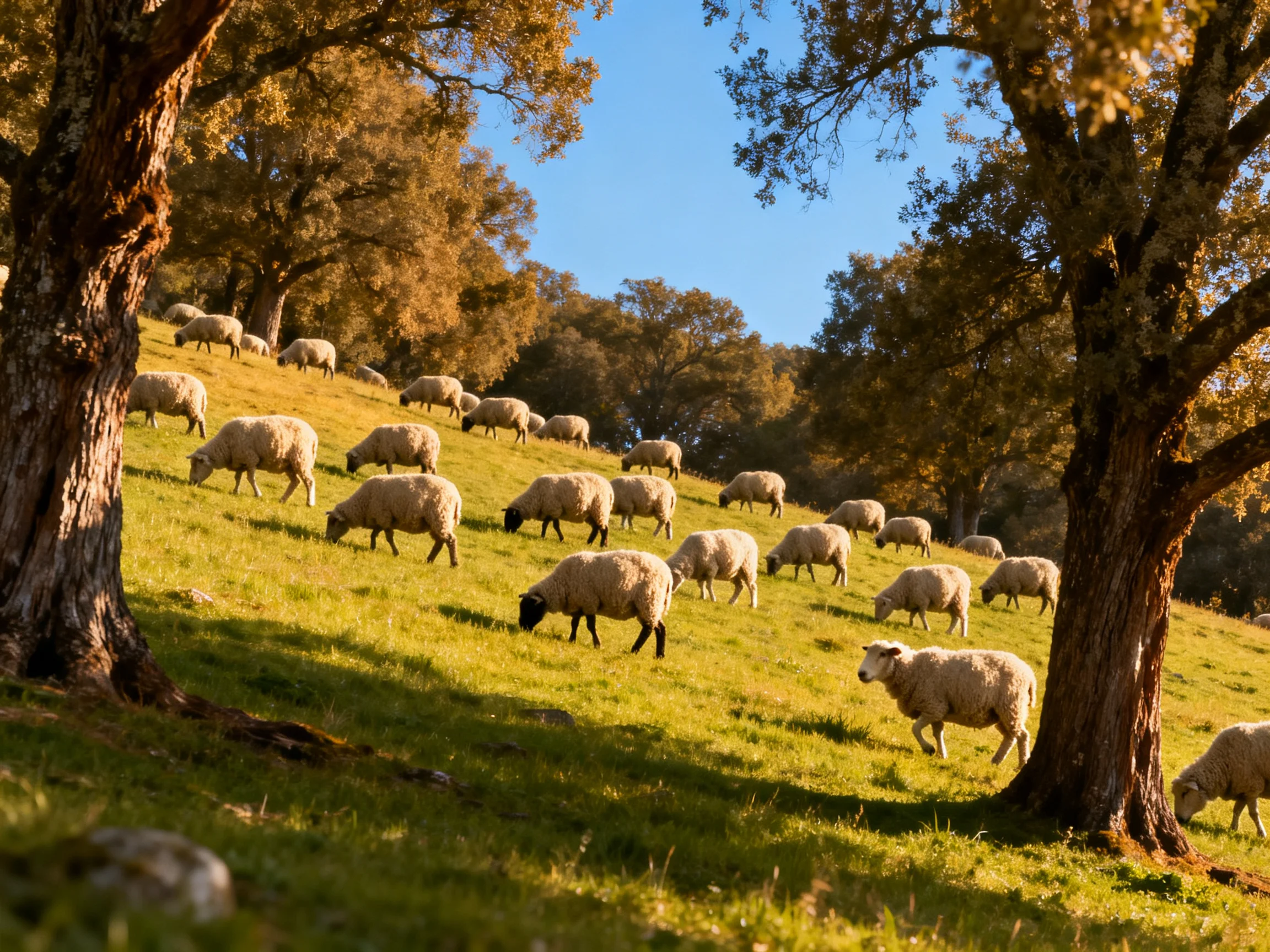 A flock of sheep grazing on a sunlit, tree-lined hillside