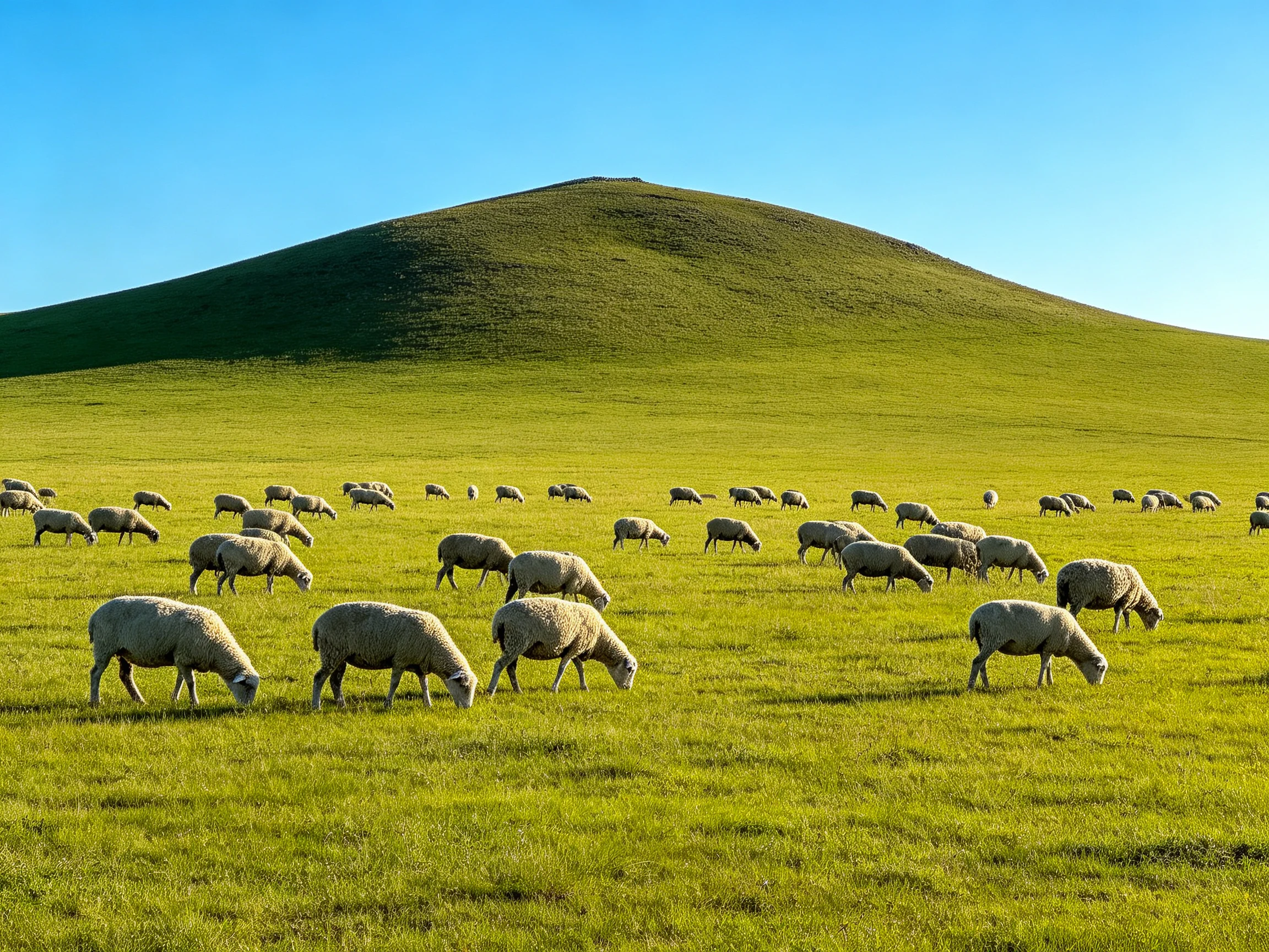 A flock of sheep grazing on a vast green meadow near a rolling hill