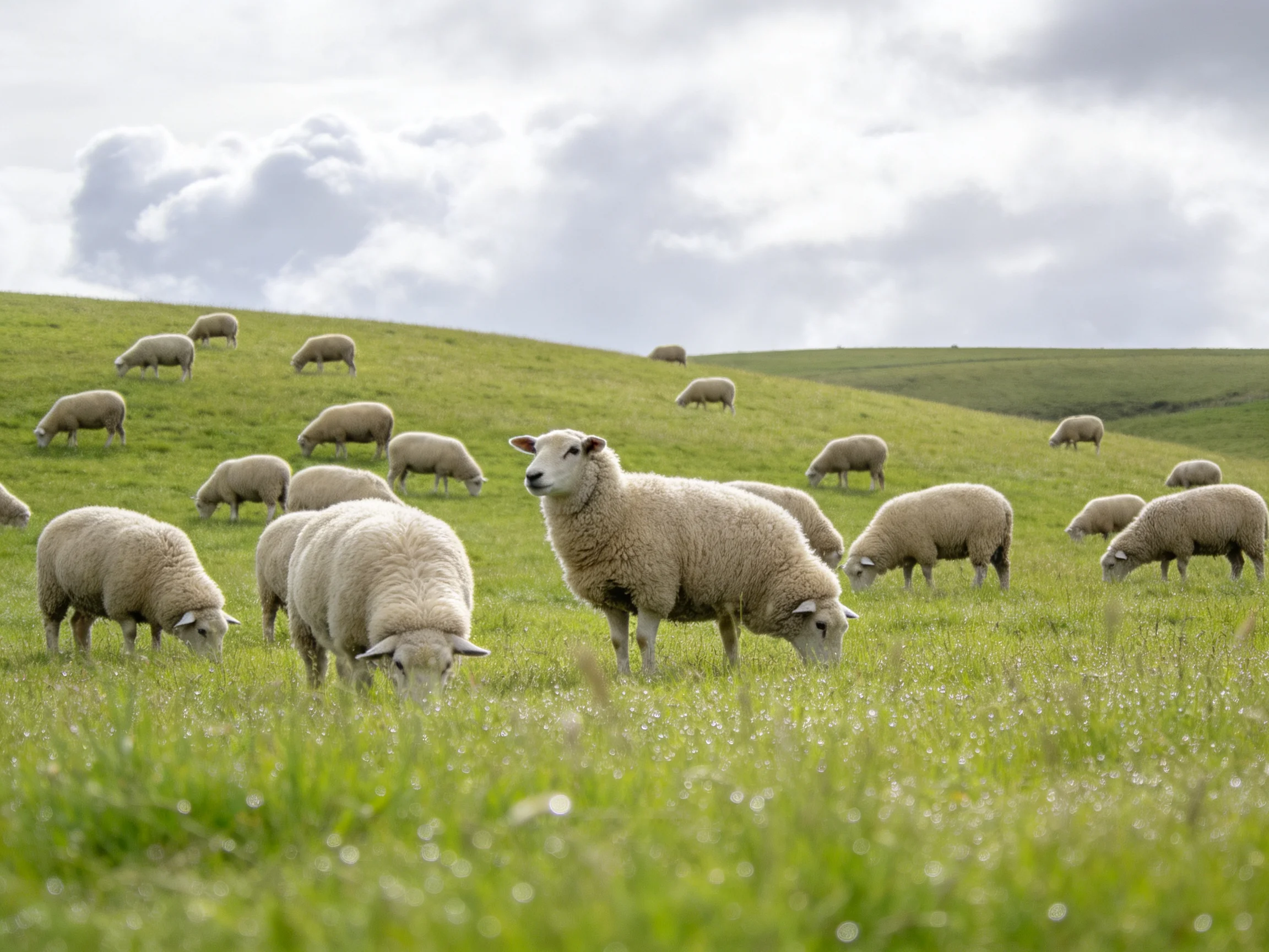 A flock of sheep grazing on green rolling hills