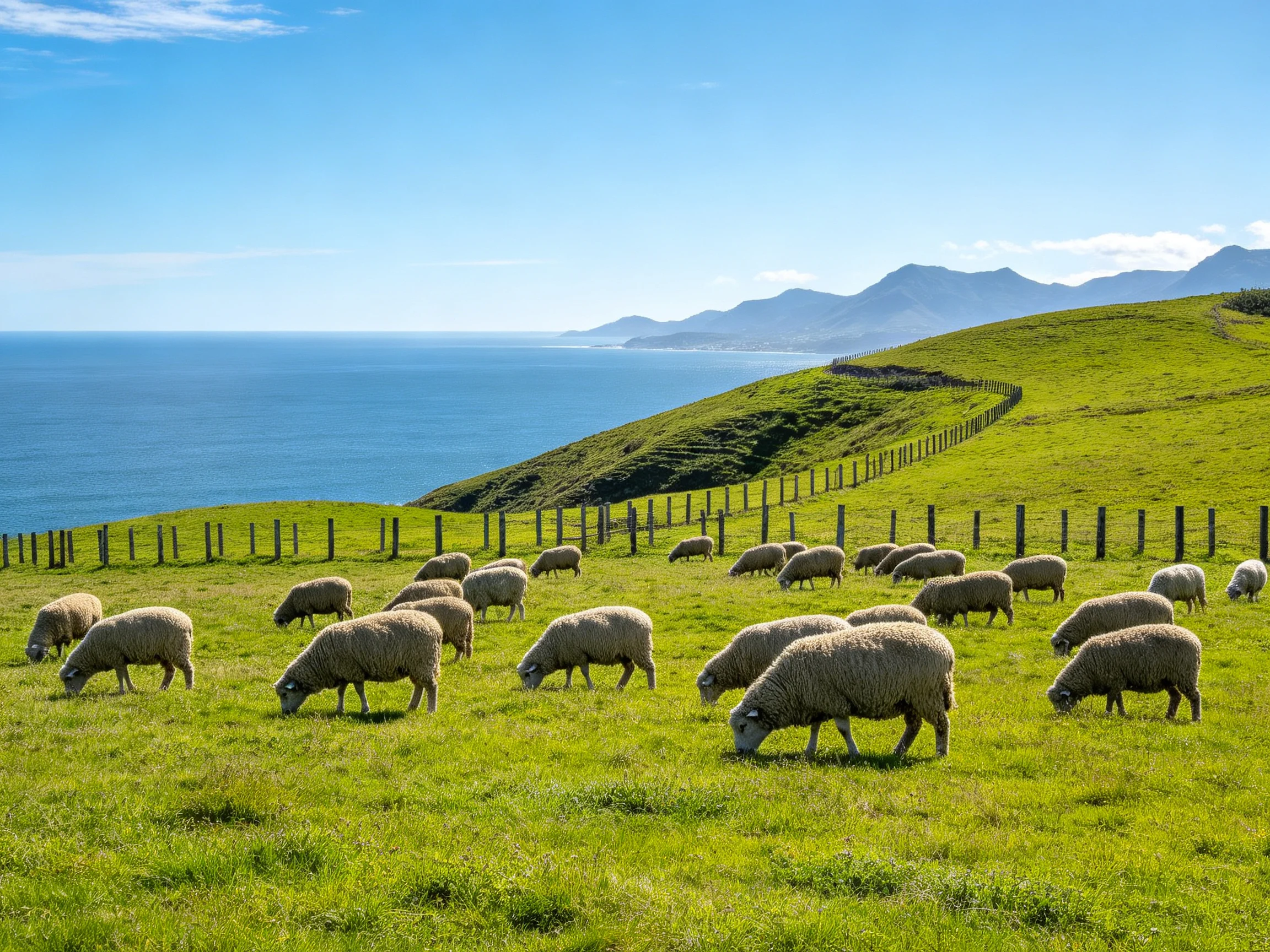 A flock of sheep grazing on lush coastal green hills