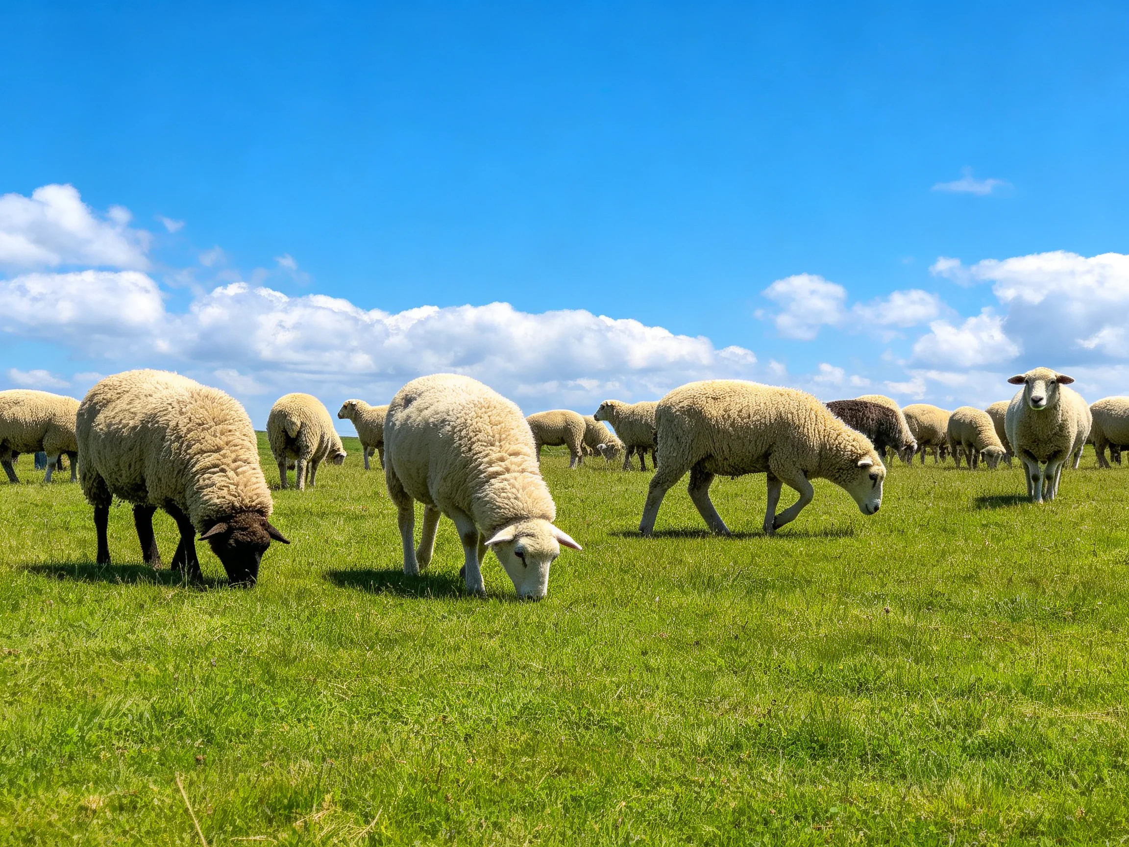 A flock of sheep grazing on lush green pasture under bright blue sky