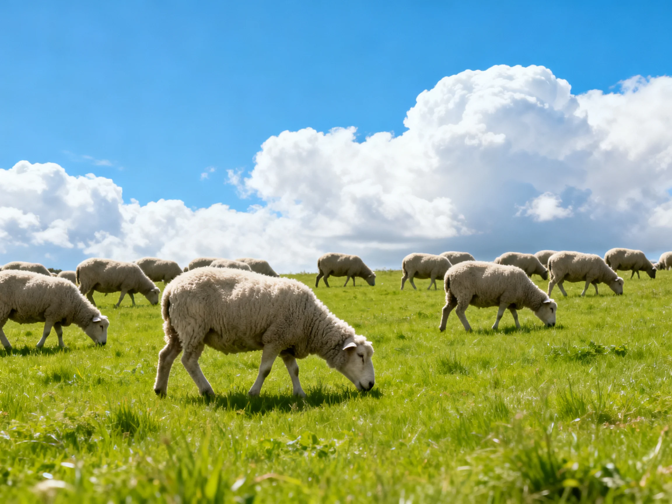 Multiple sheep graze on green grass beneath a clear blue sky with fluffy clouds.