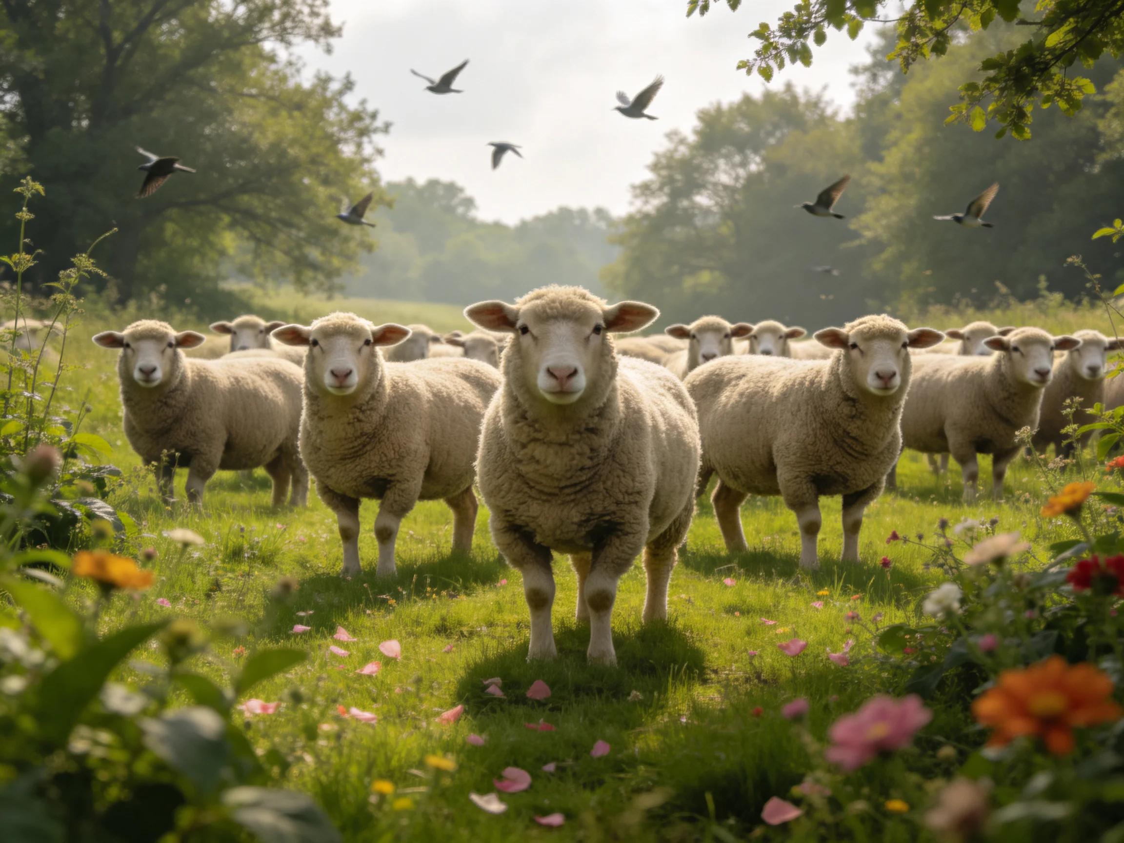 A flock of sheep in a flower-filled meadow with flying birds