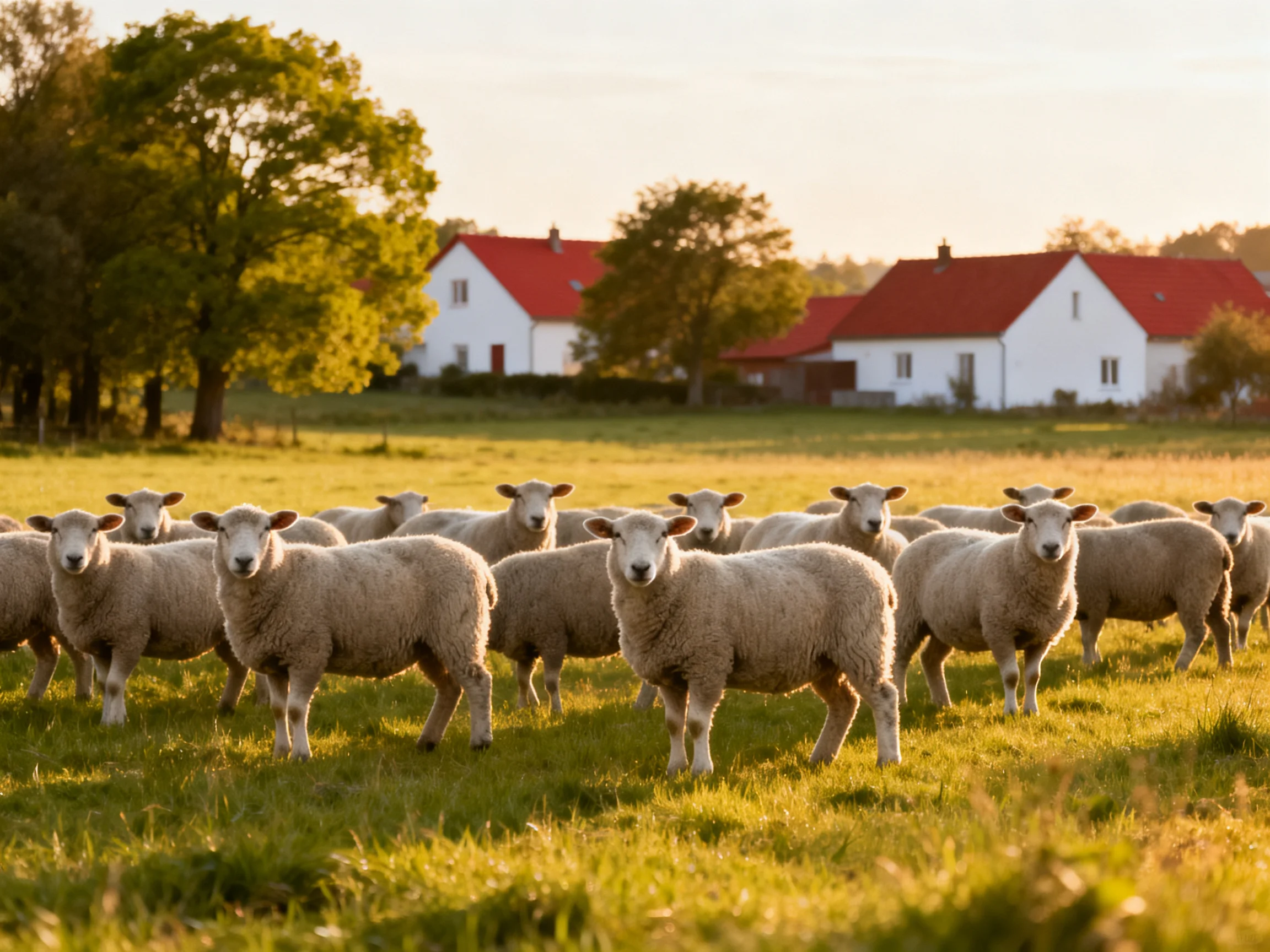 A flock of sheep in a golden field near white houses with red roofs