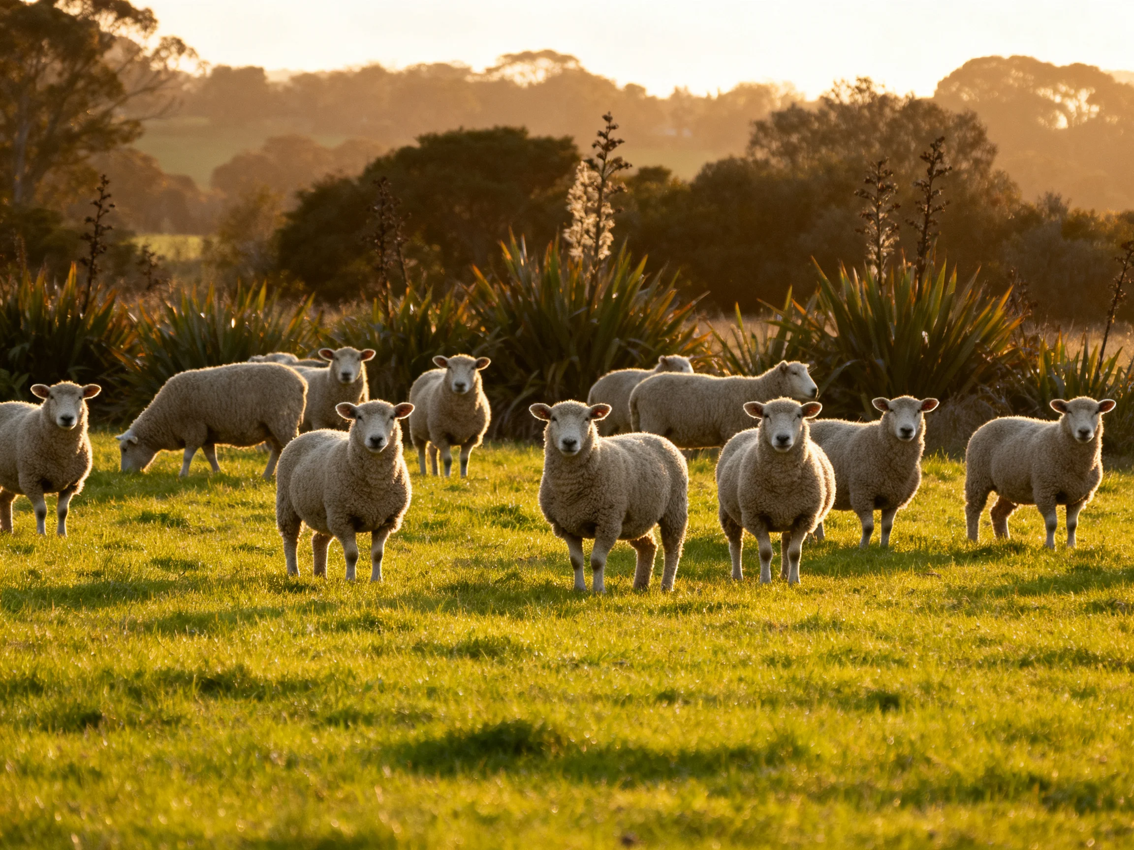A flock of sheep in a golden-lit green pasture