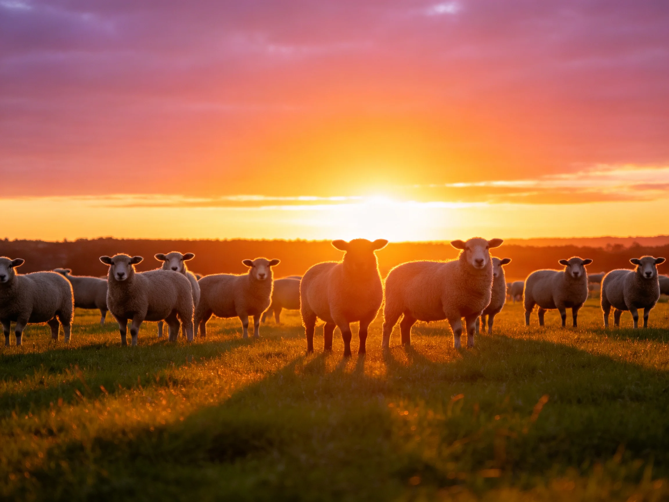 Sheep gather in a sunlit field during a vibrant sunset.