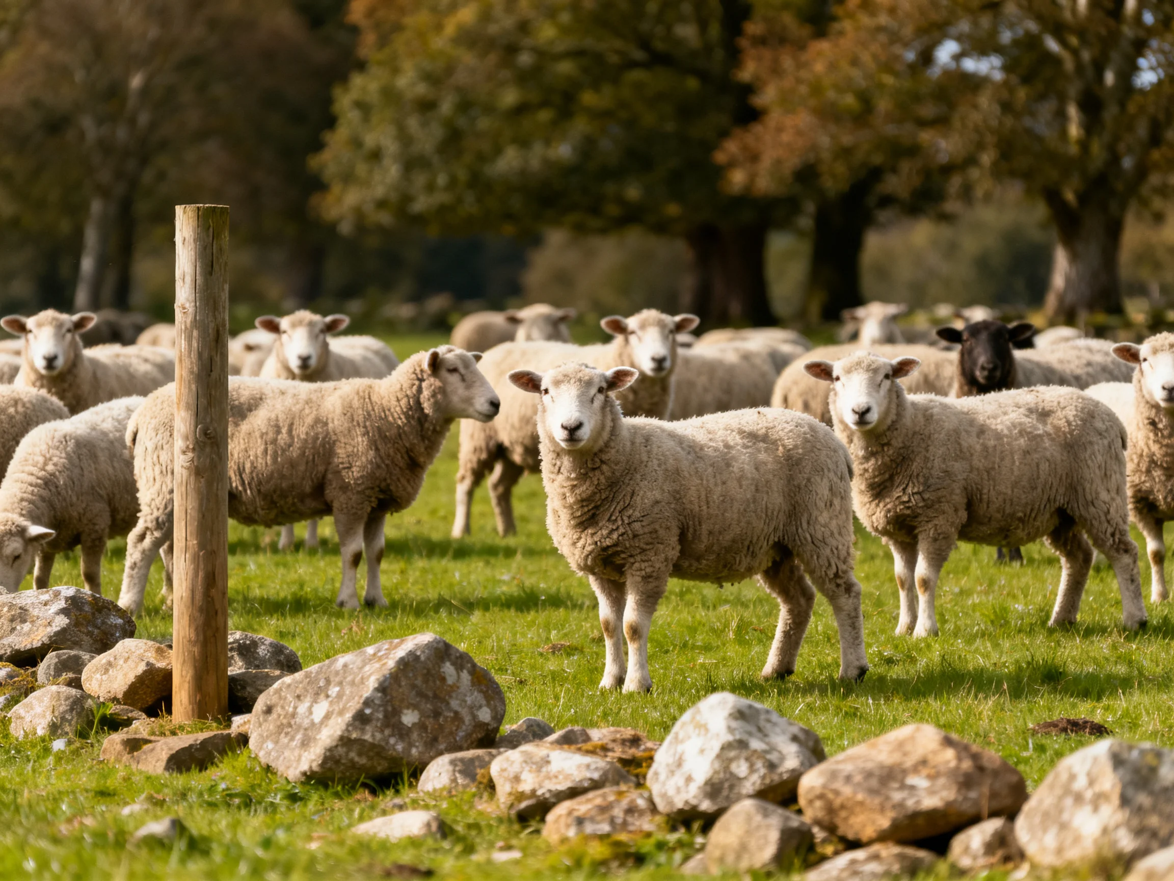 A flock of sheep in a grassy field with stone fence and trees