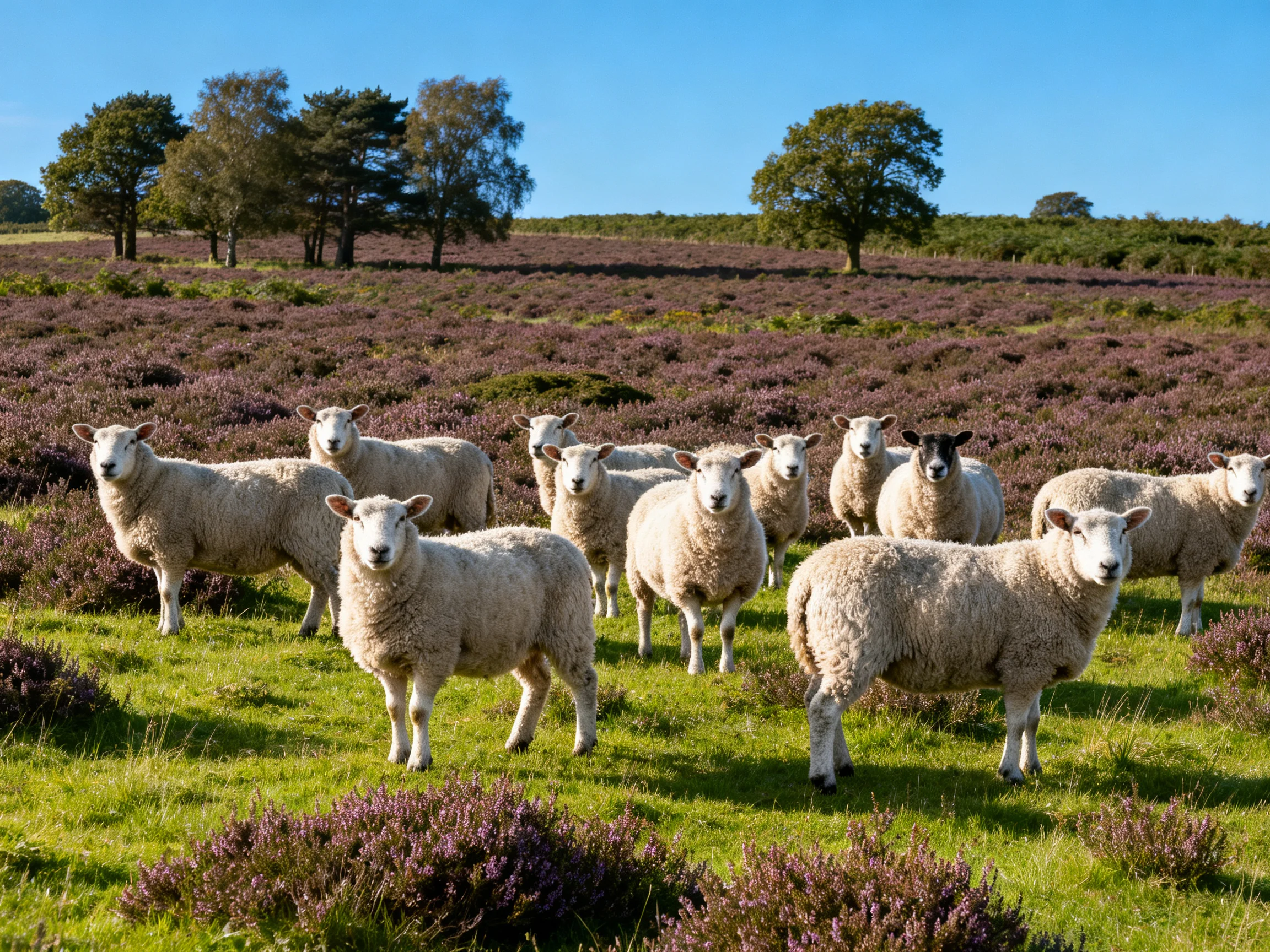 A group of sheep gathers in a heather-filled field near trees.