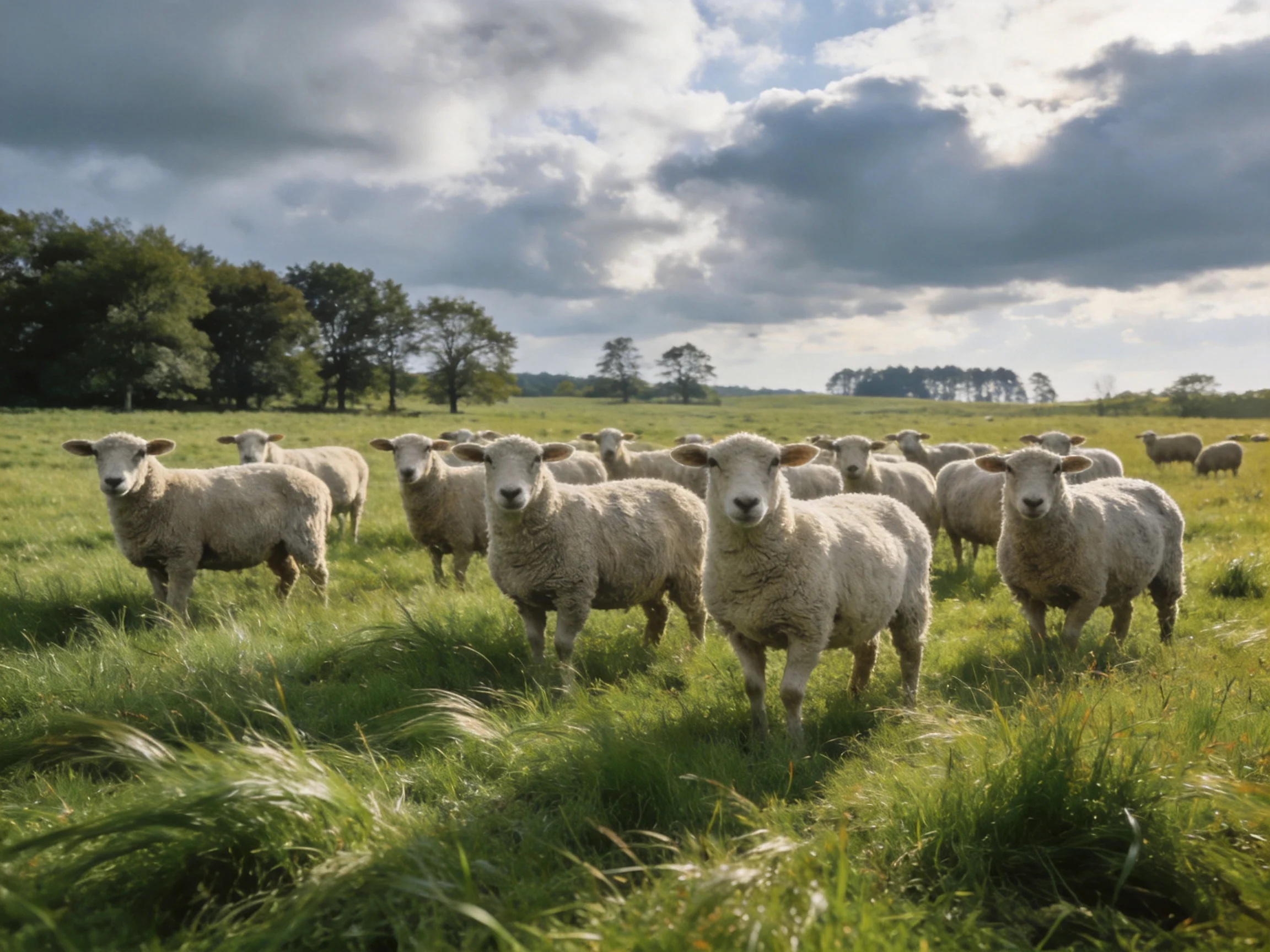 A flock of sheep in a lush green meadow under cloudy skies