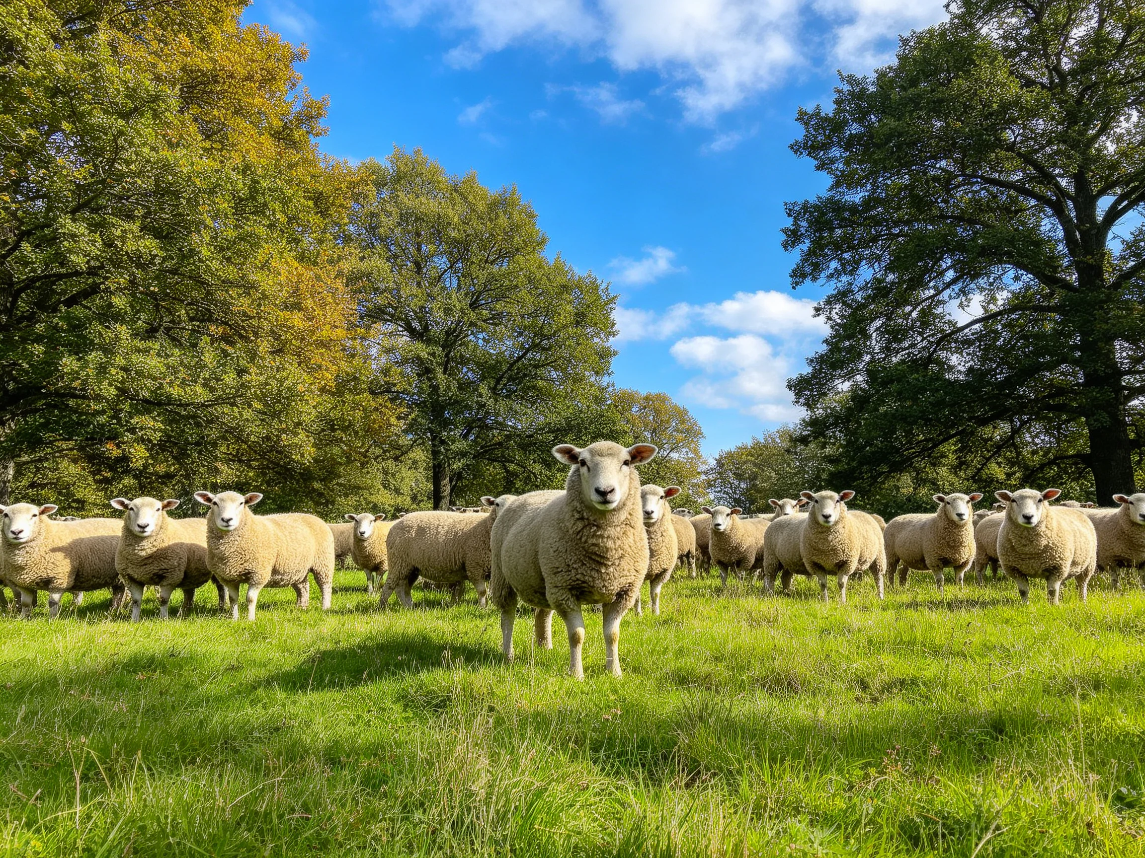 A flock of sheep in a lush green meadow with tall trees