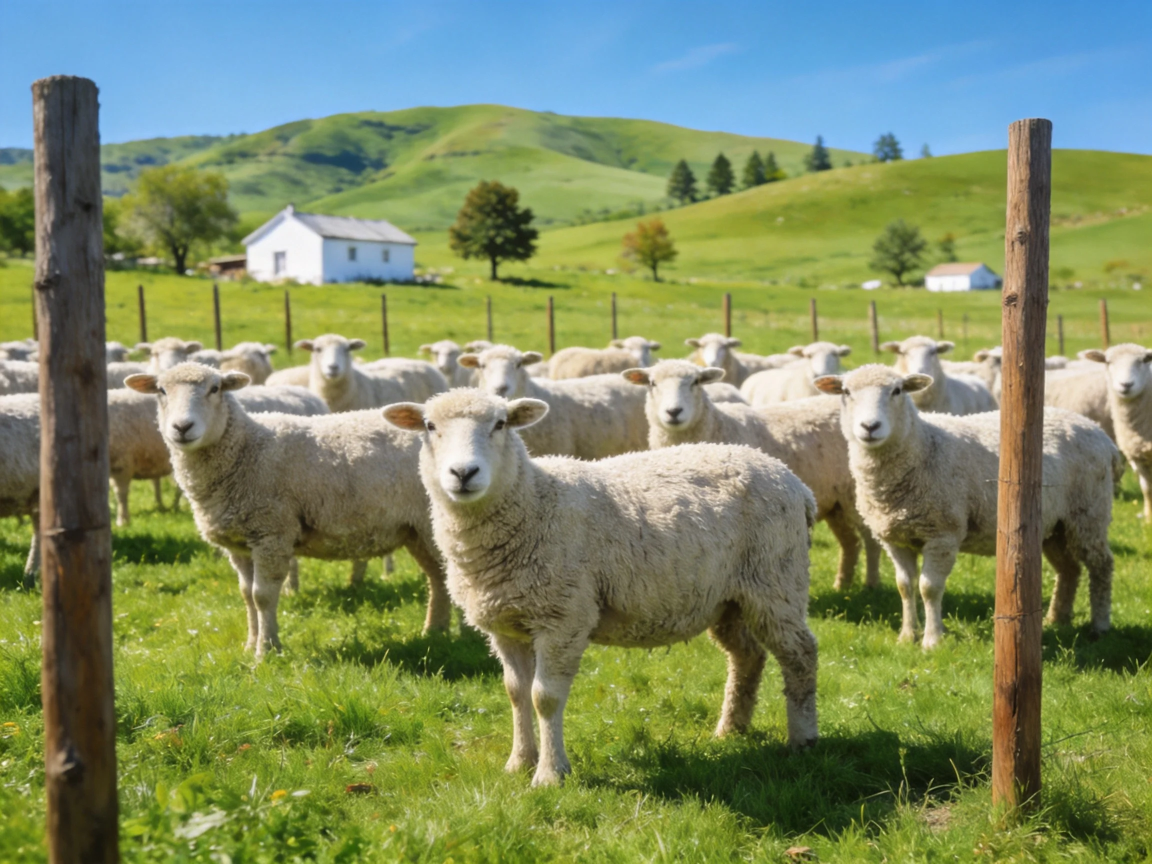 A flock of sheep in a lush green pasture near farmhouses