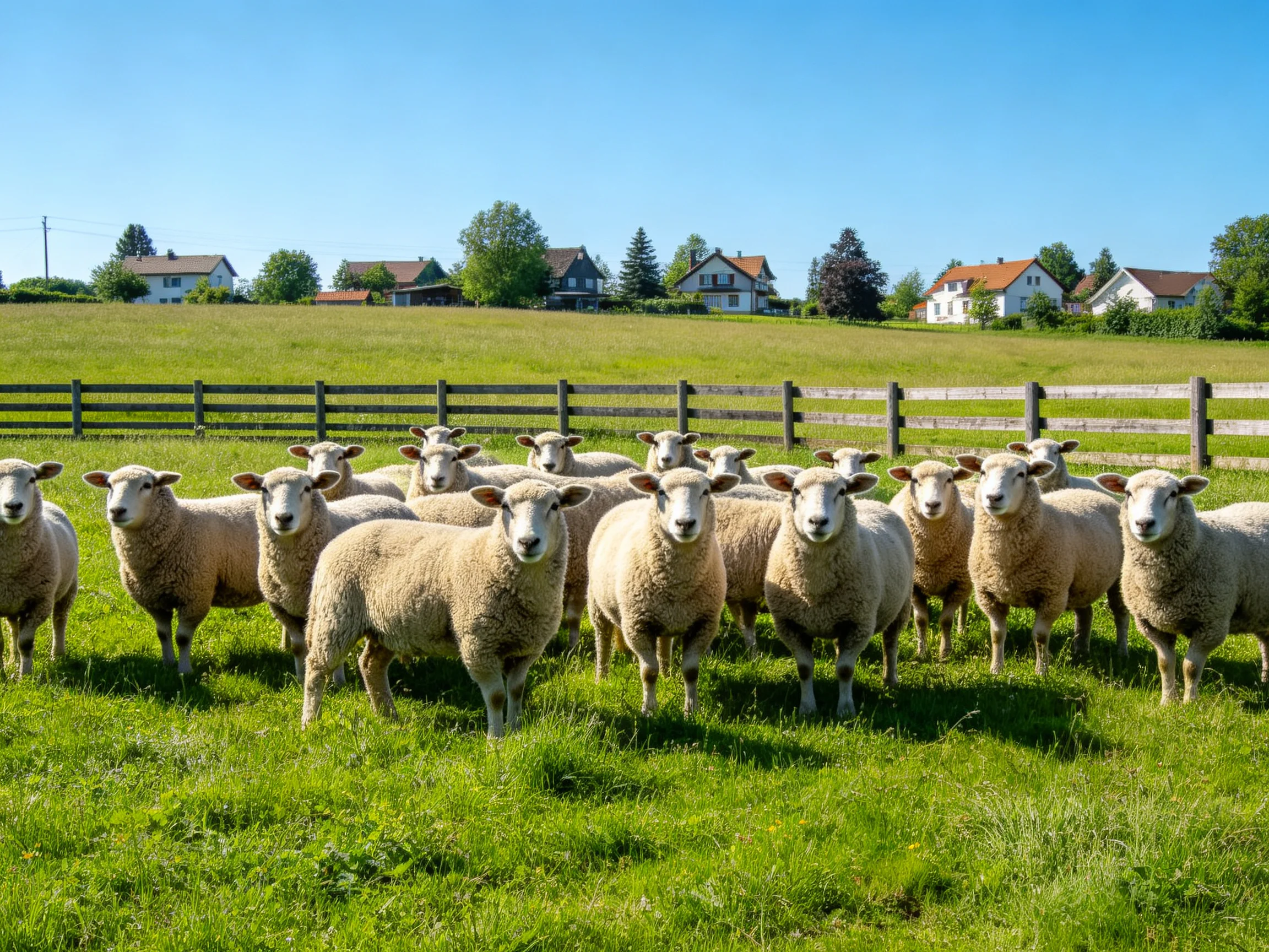 A flock of sheep in a lush green pasture near rural homes