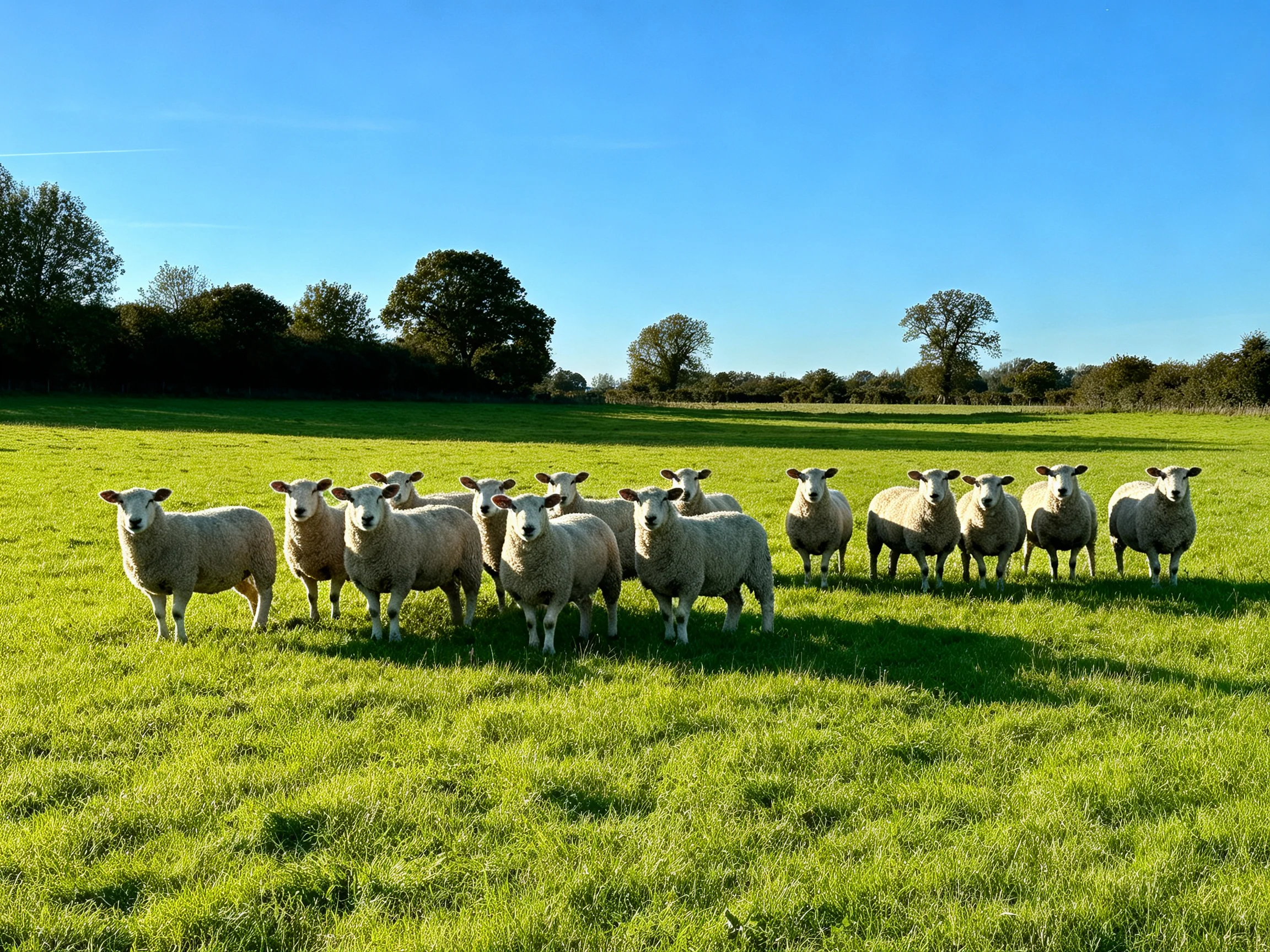 A flock of sheep in a lush green pasture under clear blue skies