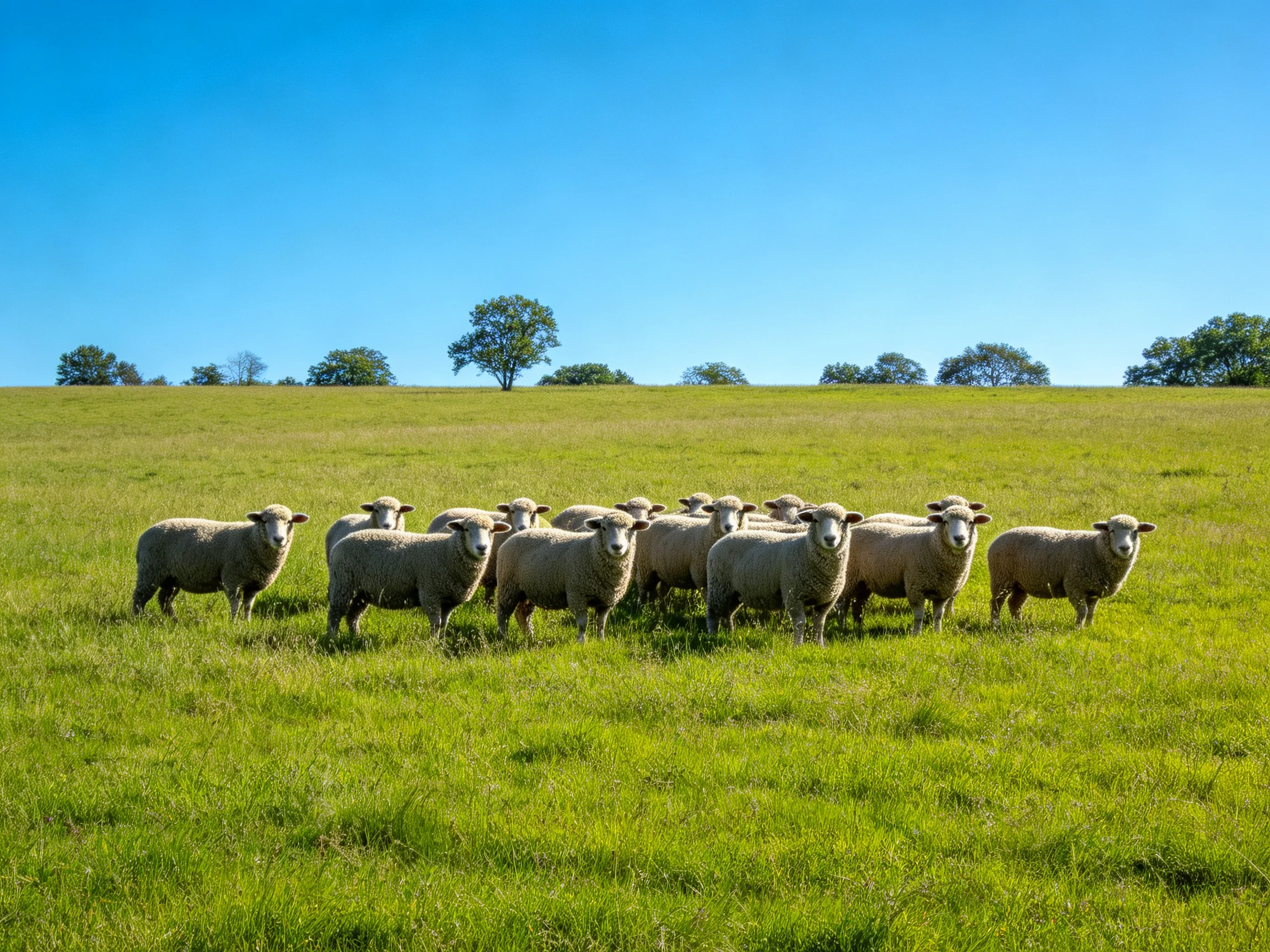 A flock of sheep in a lush green pasture under clear blue sky