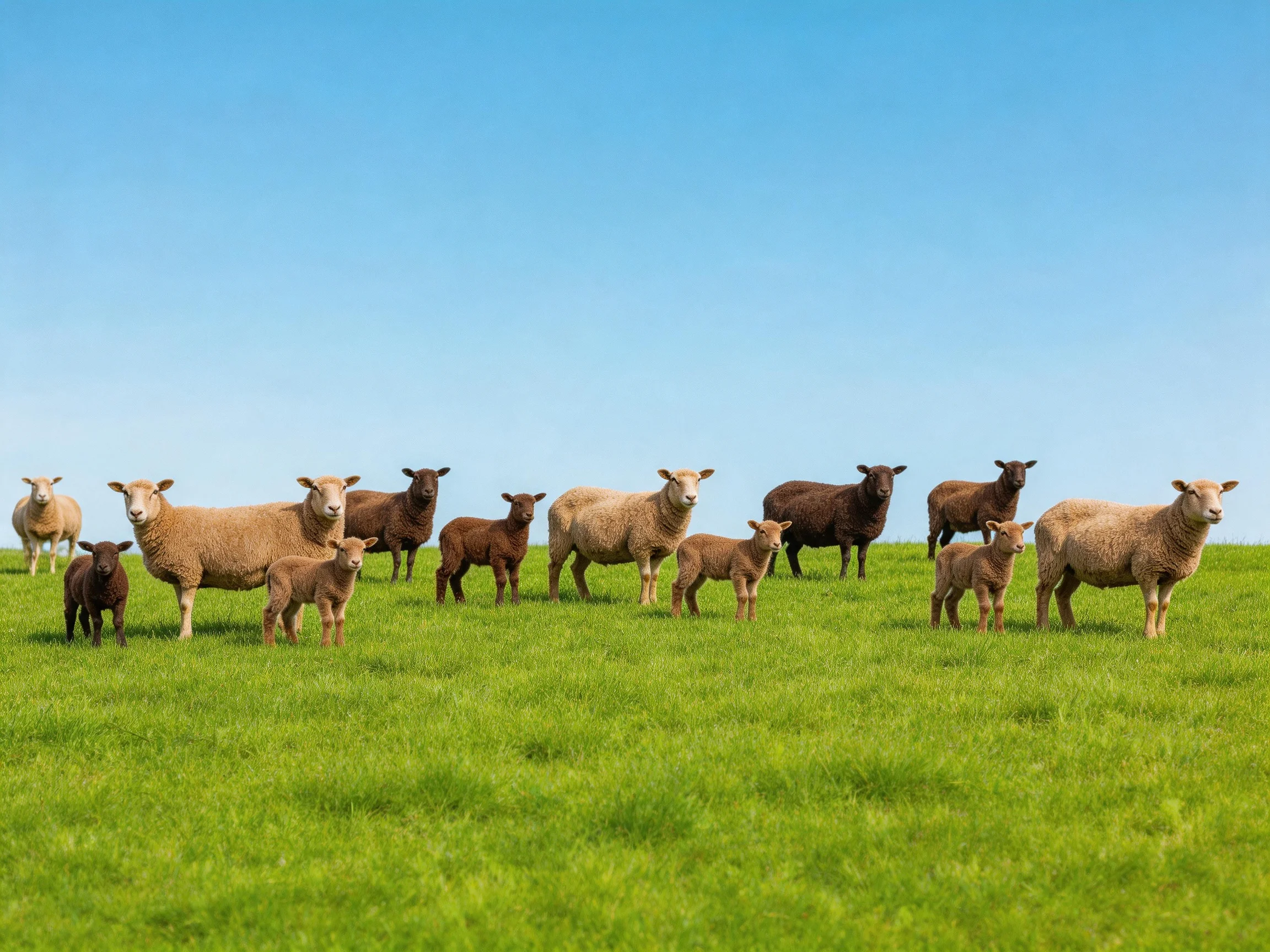 A flock of sheep in a lush green pasture under clear blue sky
