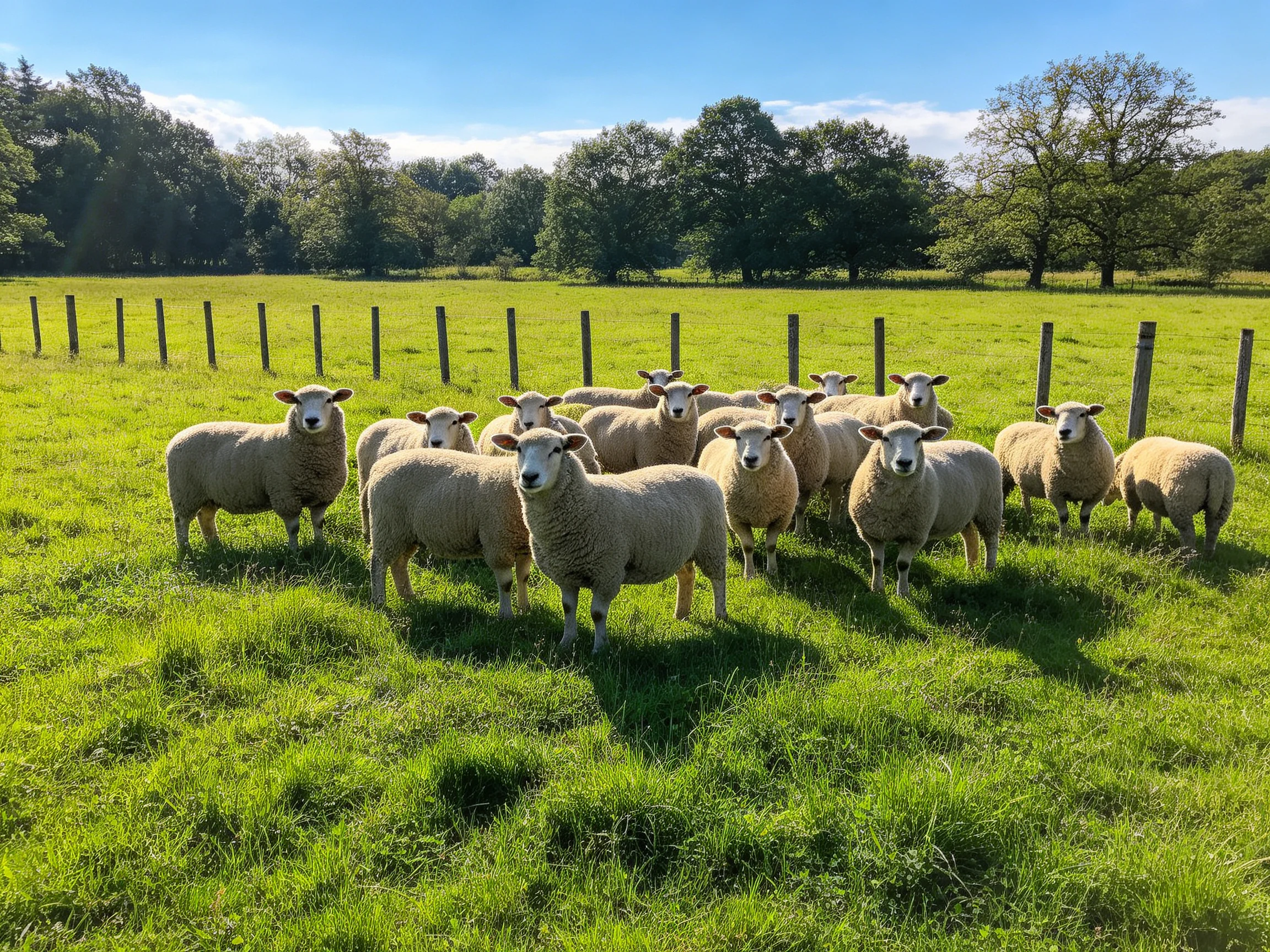 A flock of sheep in a lush green pasture under sunny skies