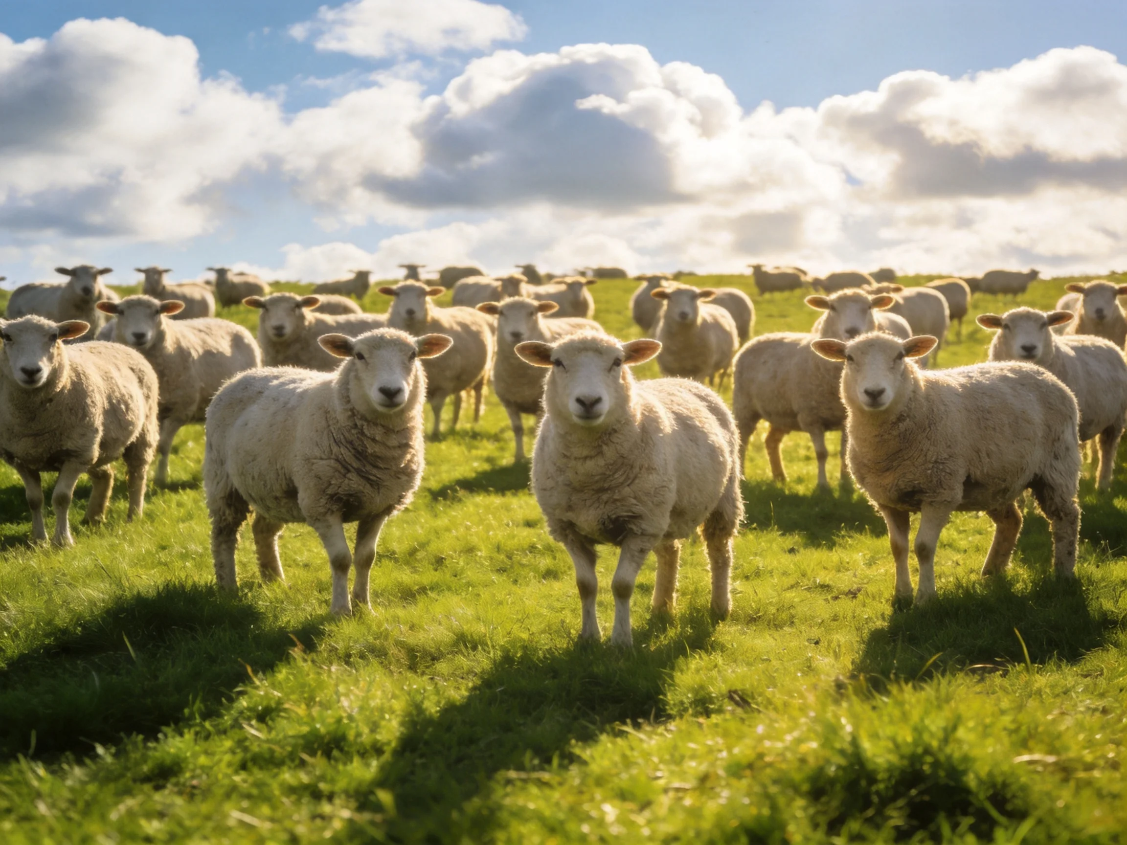 A flock of sheep in a lush green pasture under sunny skies
