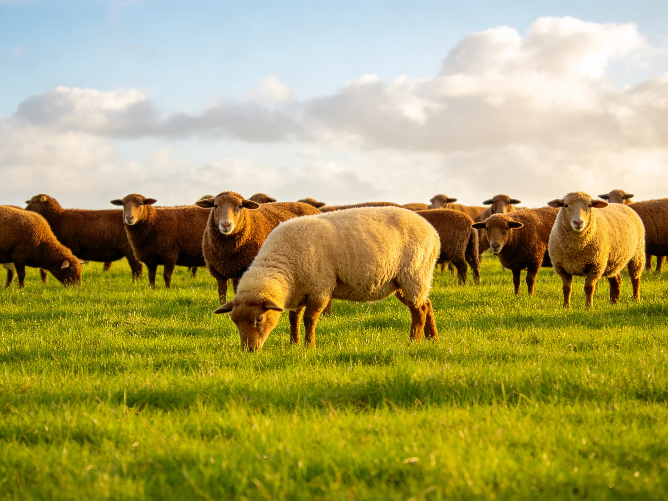 A flock of sheep in a lush green pasture with brown and cream coats