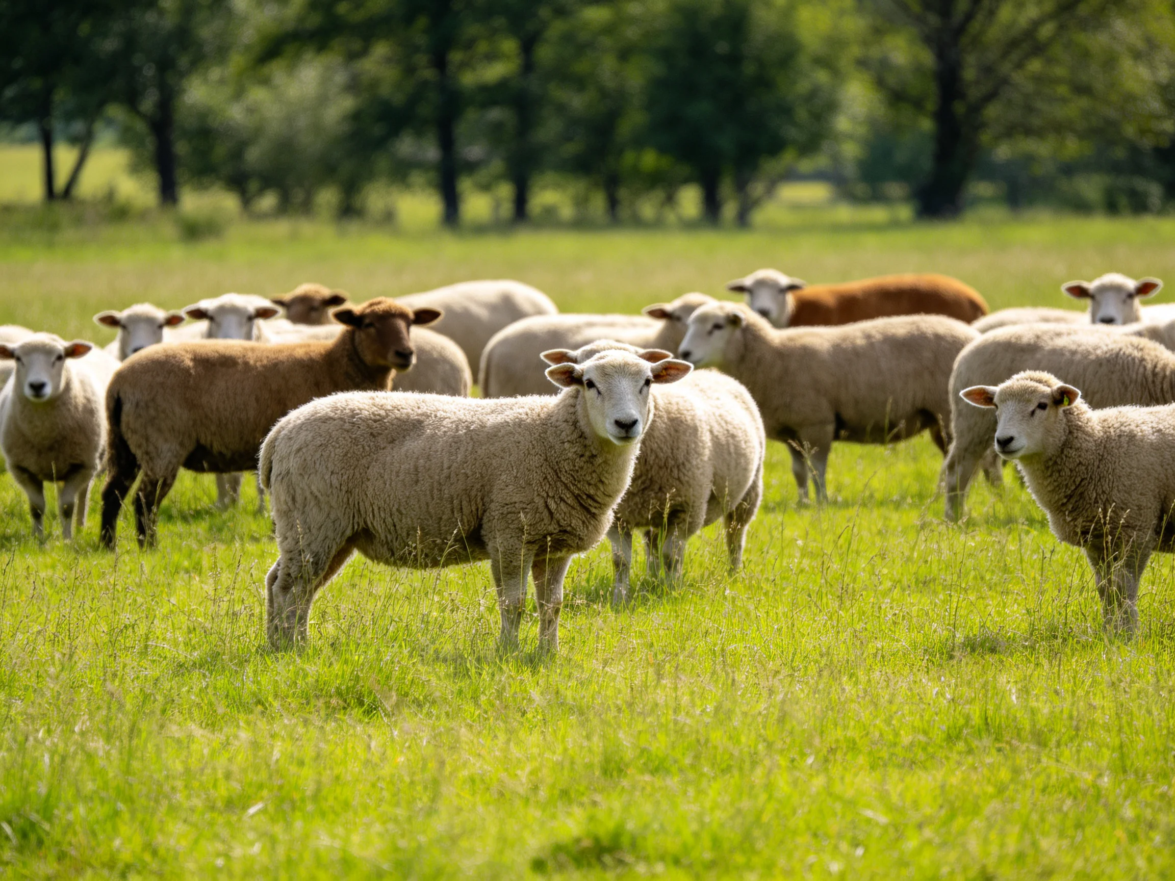 A flock of sheep in a lush green pasture with brown and white coats