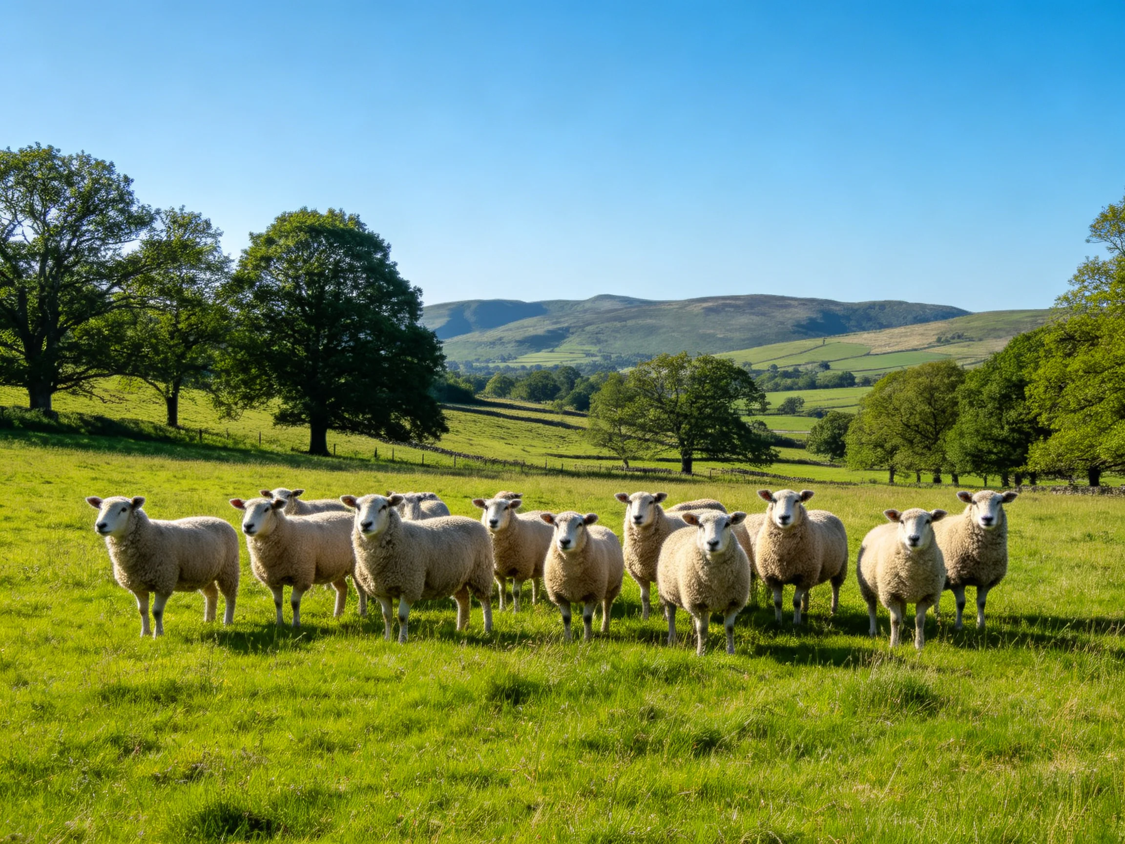 A flock of sheep in a lush green pasture with rolling hills