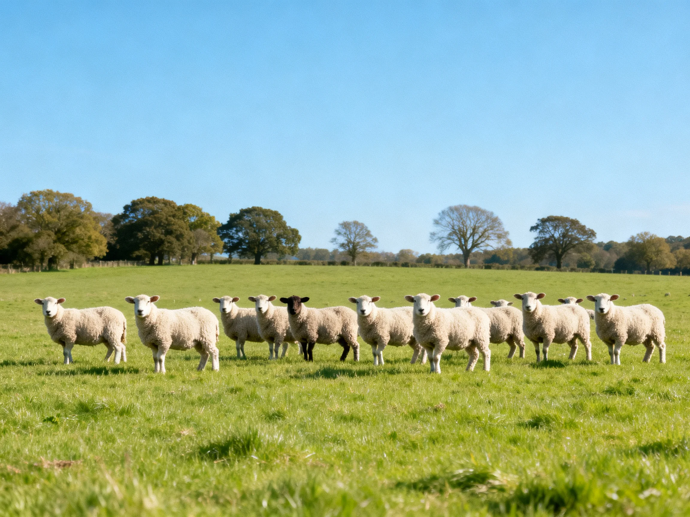 A flock of sheep in a lush green pasture with scattered trees