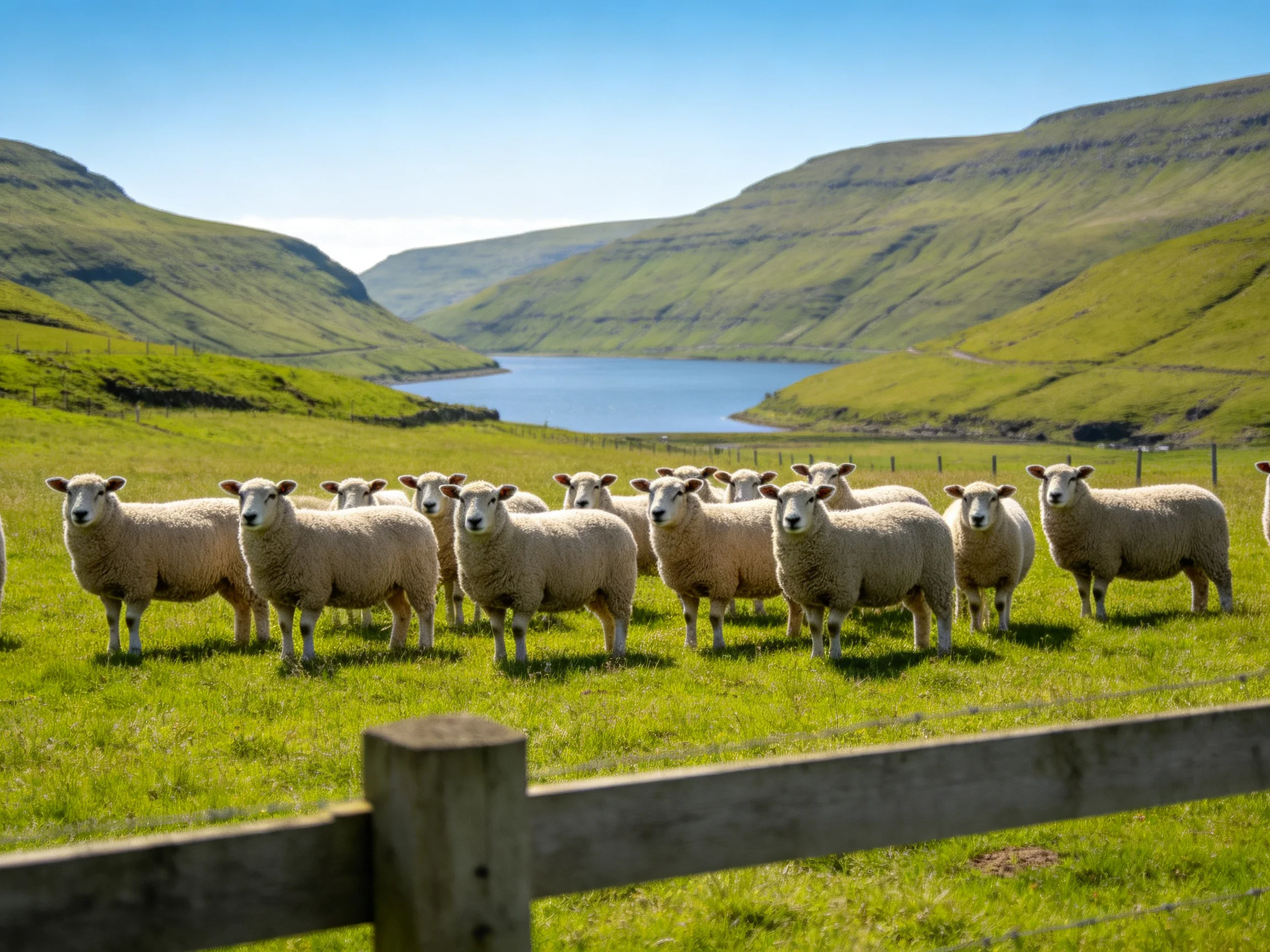 A flock of sheep in a lush green valley with rolling hills