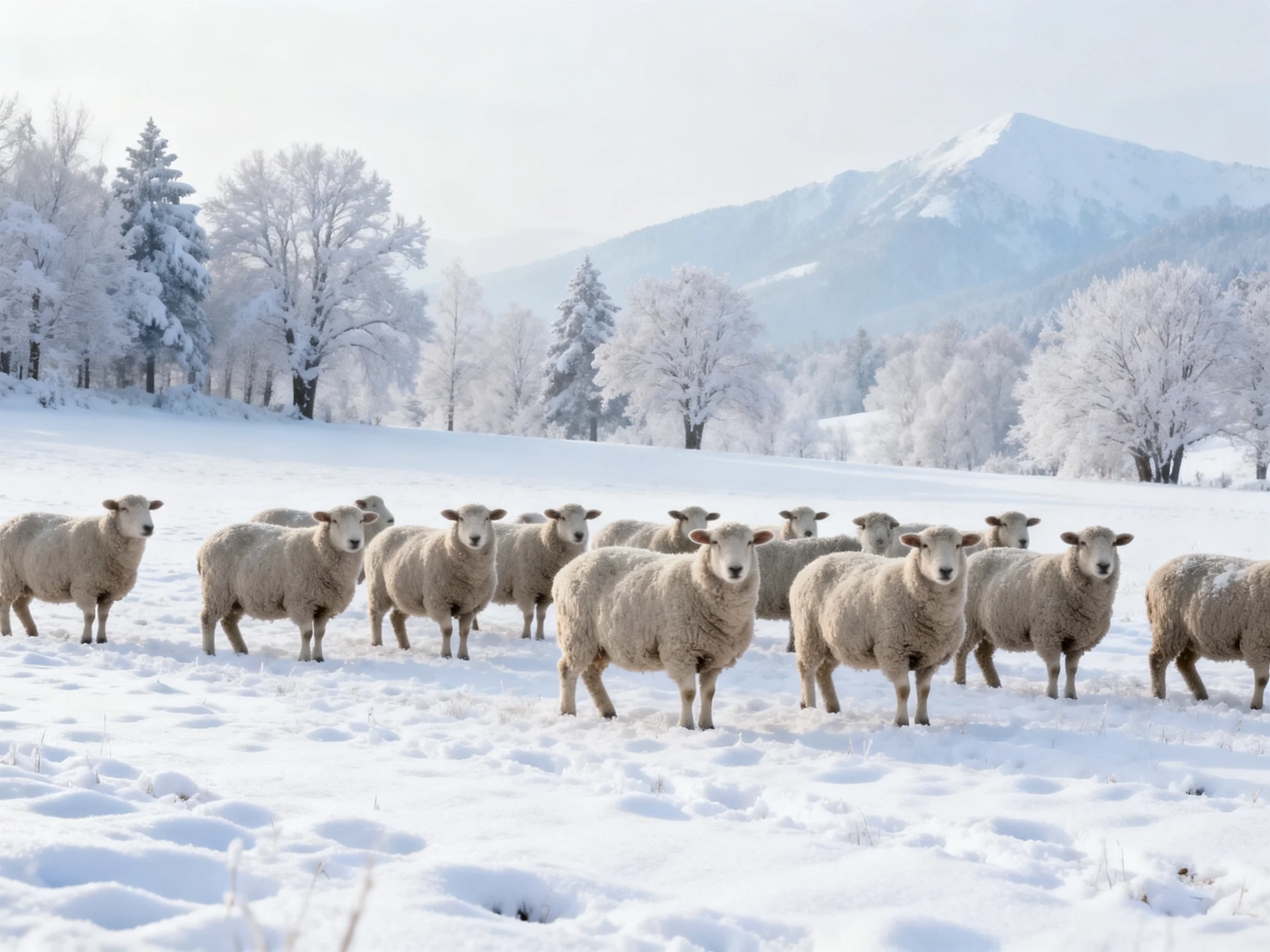A flock of sheep in a snow-covered field near frosty trees and mountains