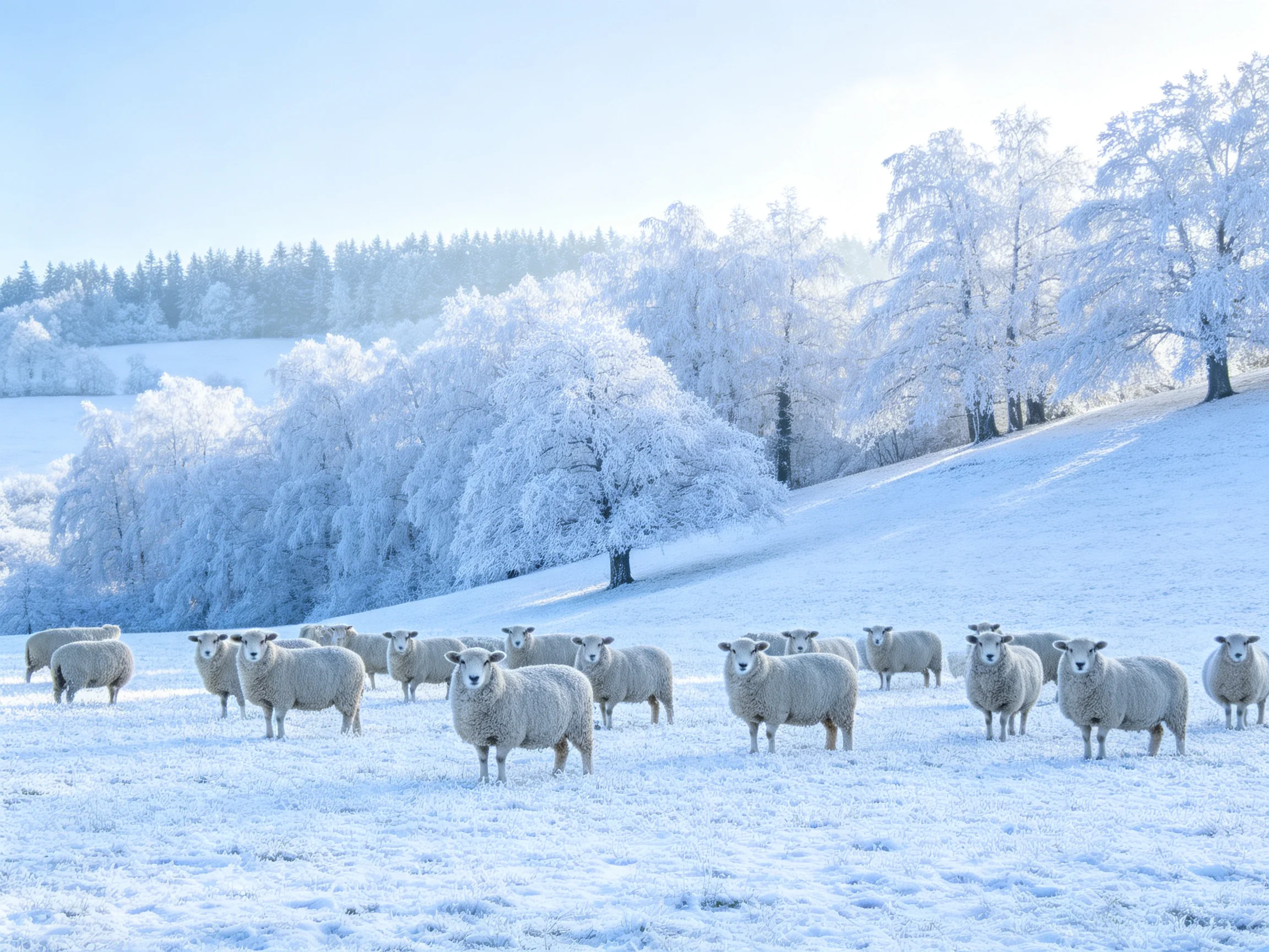 A flock of sheep in a snow-covered winter landscape