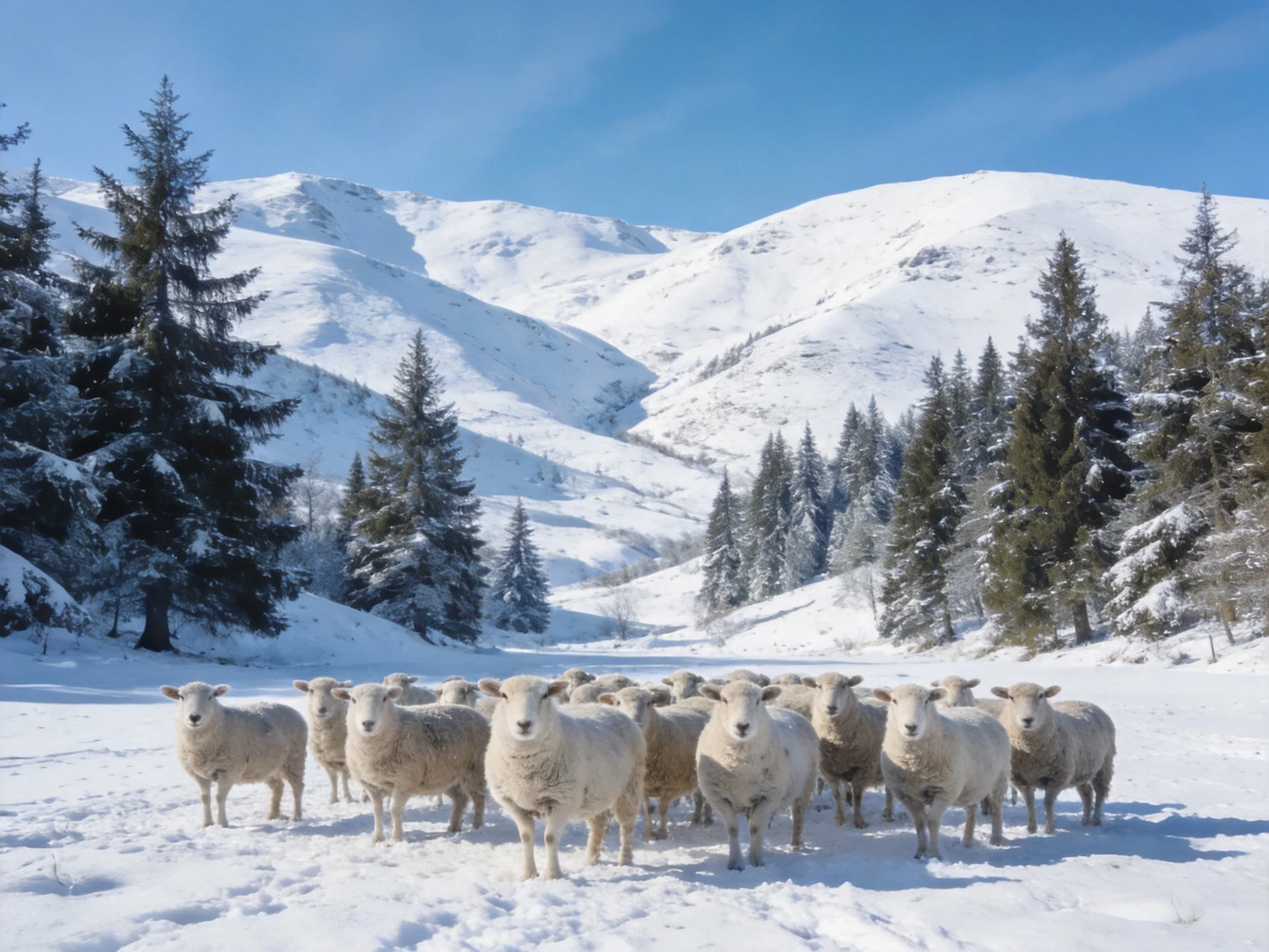 A flock of sheep in a snowy mountainous forest clearing