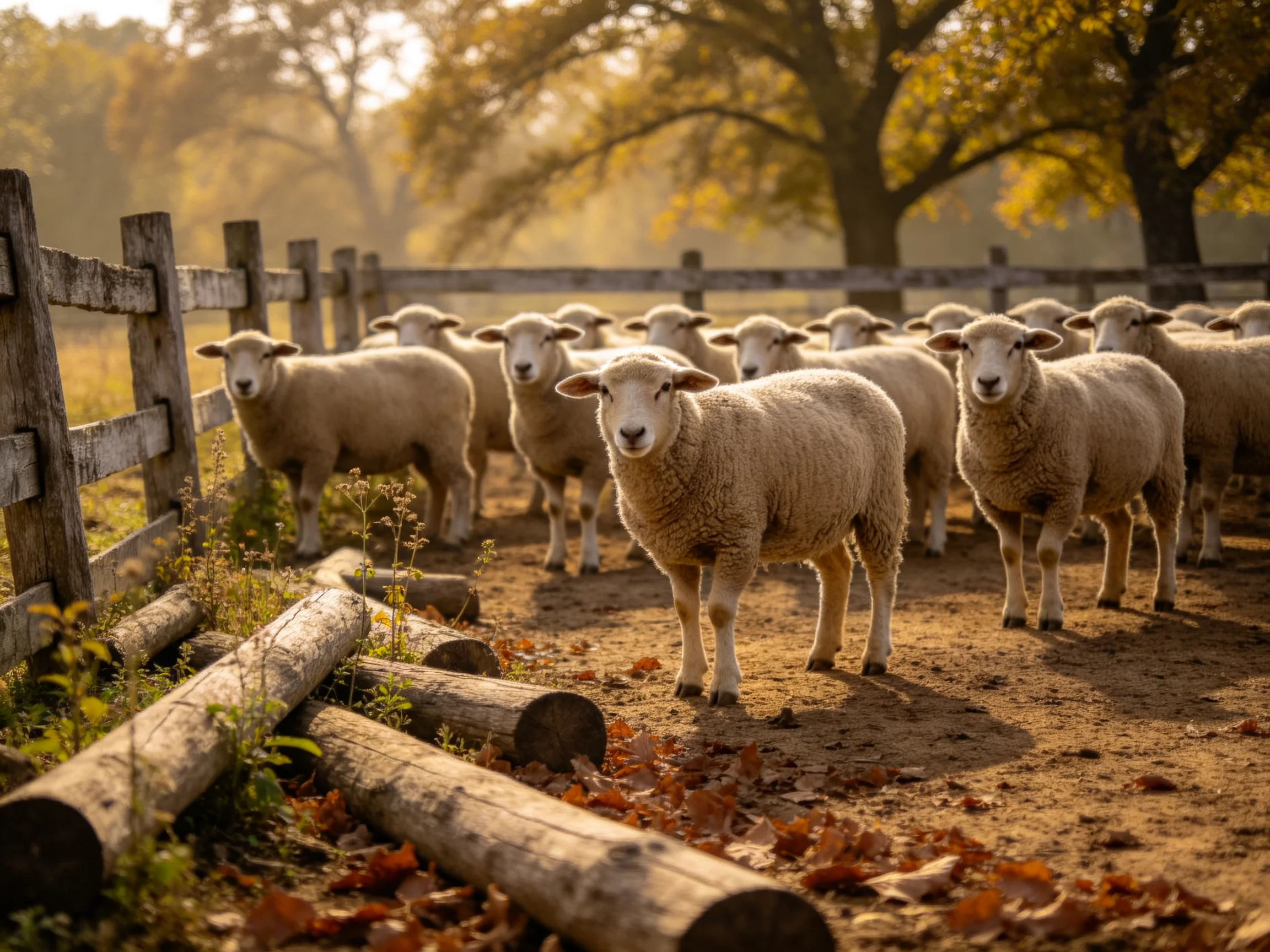 A flock of sheep in a sun-drenched fenced pasture with autumn trees