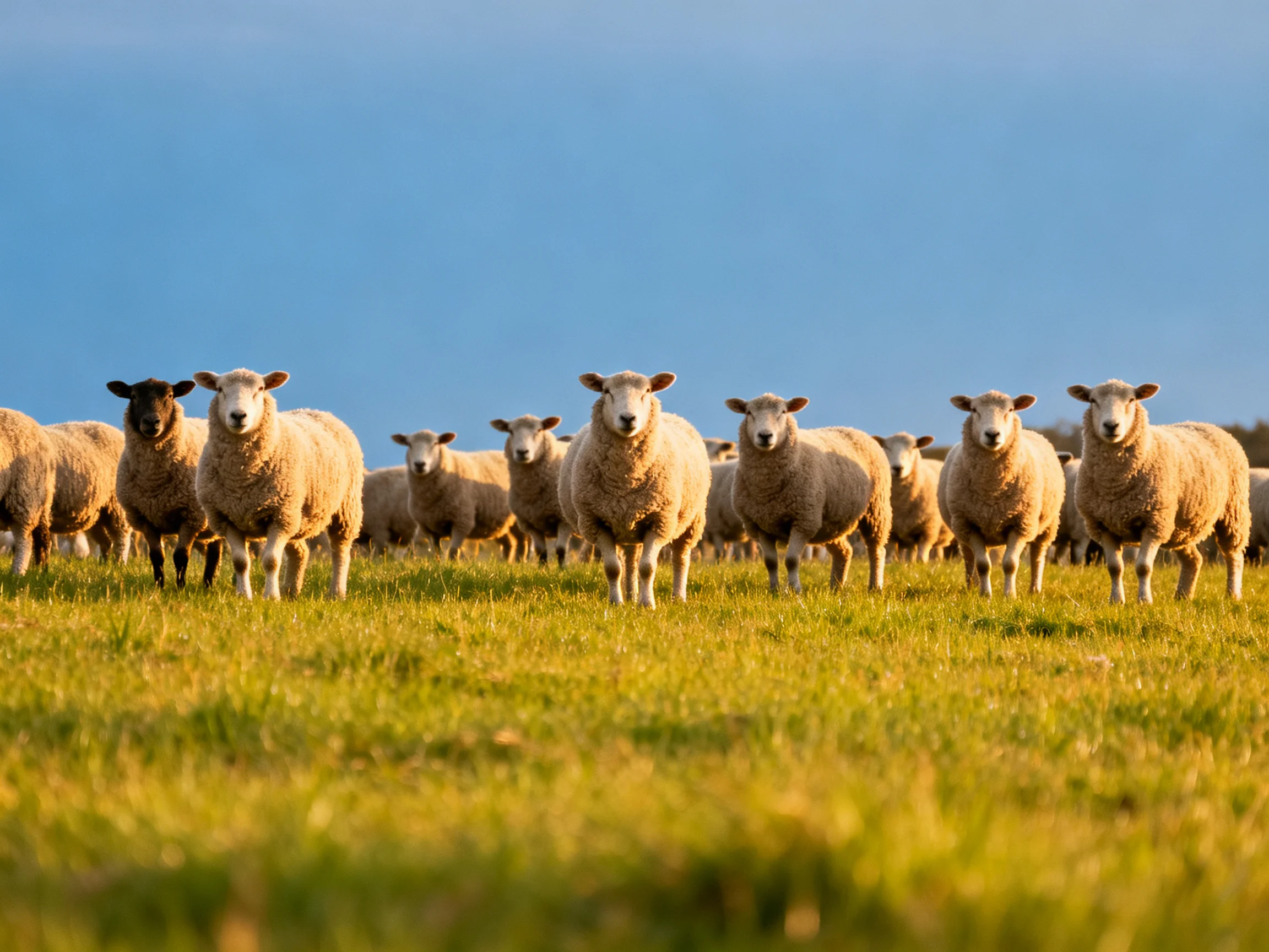 A flock of sheep in a sun-drenched green pasture