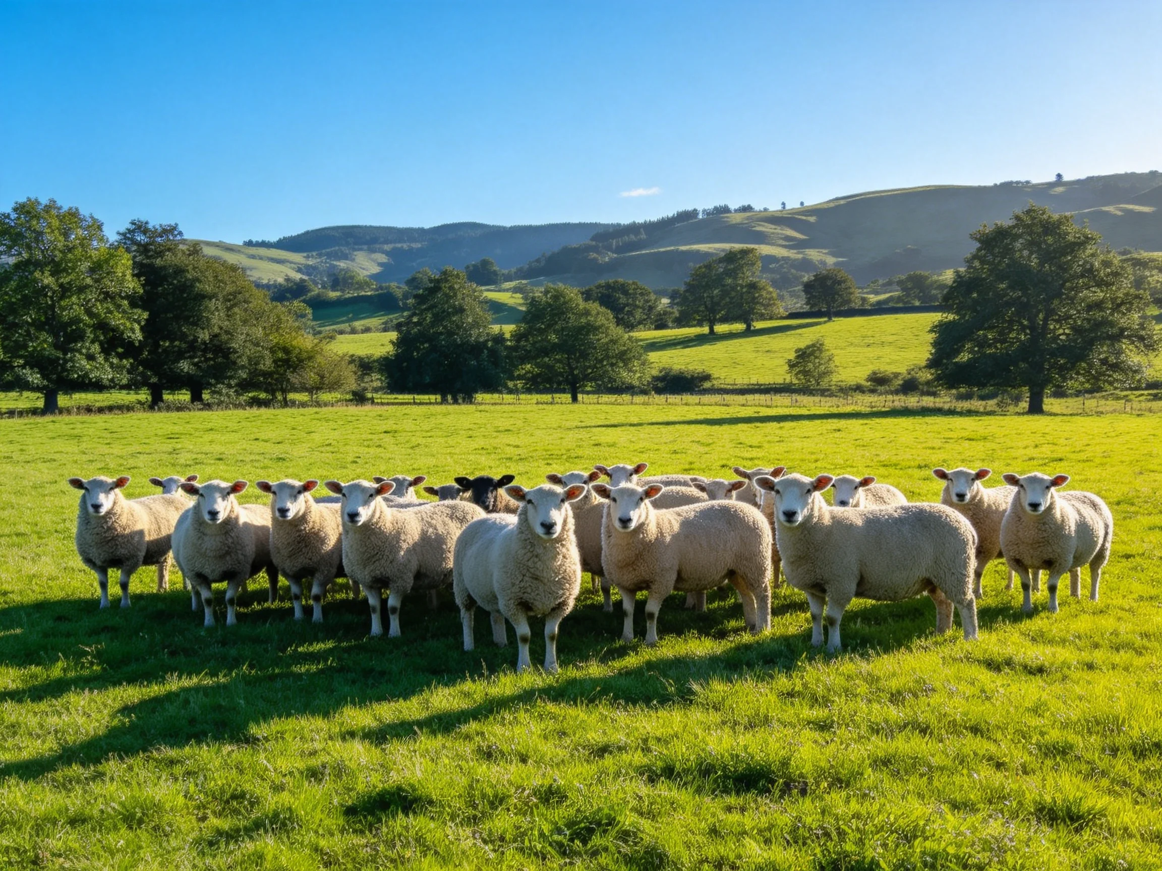 A flock of sheep in a sun-drenched green pasture with rolling hills
