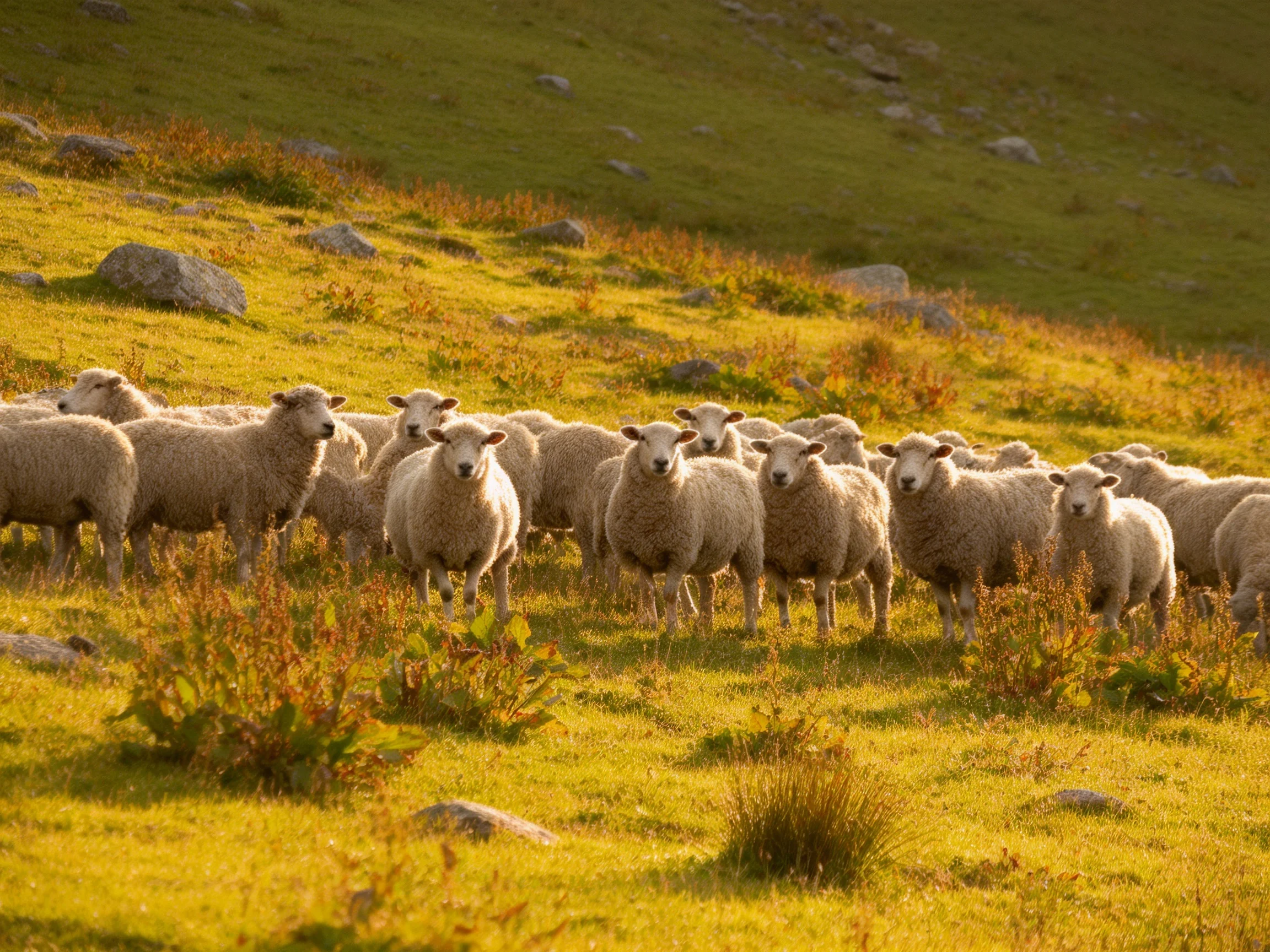 A flock of sheep in a sunlit, golden-green mountain pasture
