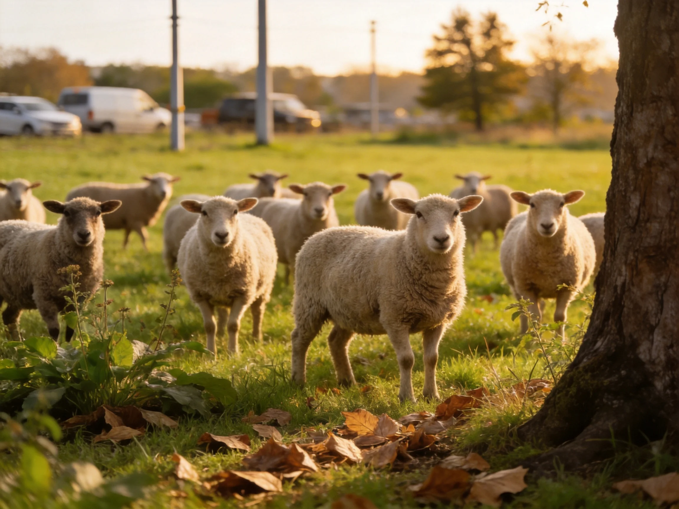 A flock of sheep in a sunlit grassy field near trees and parked vehicles