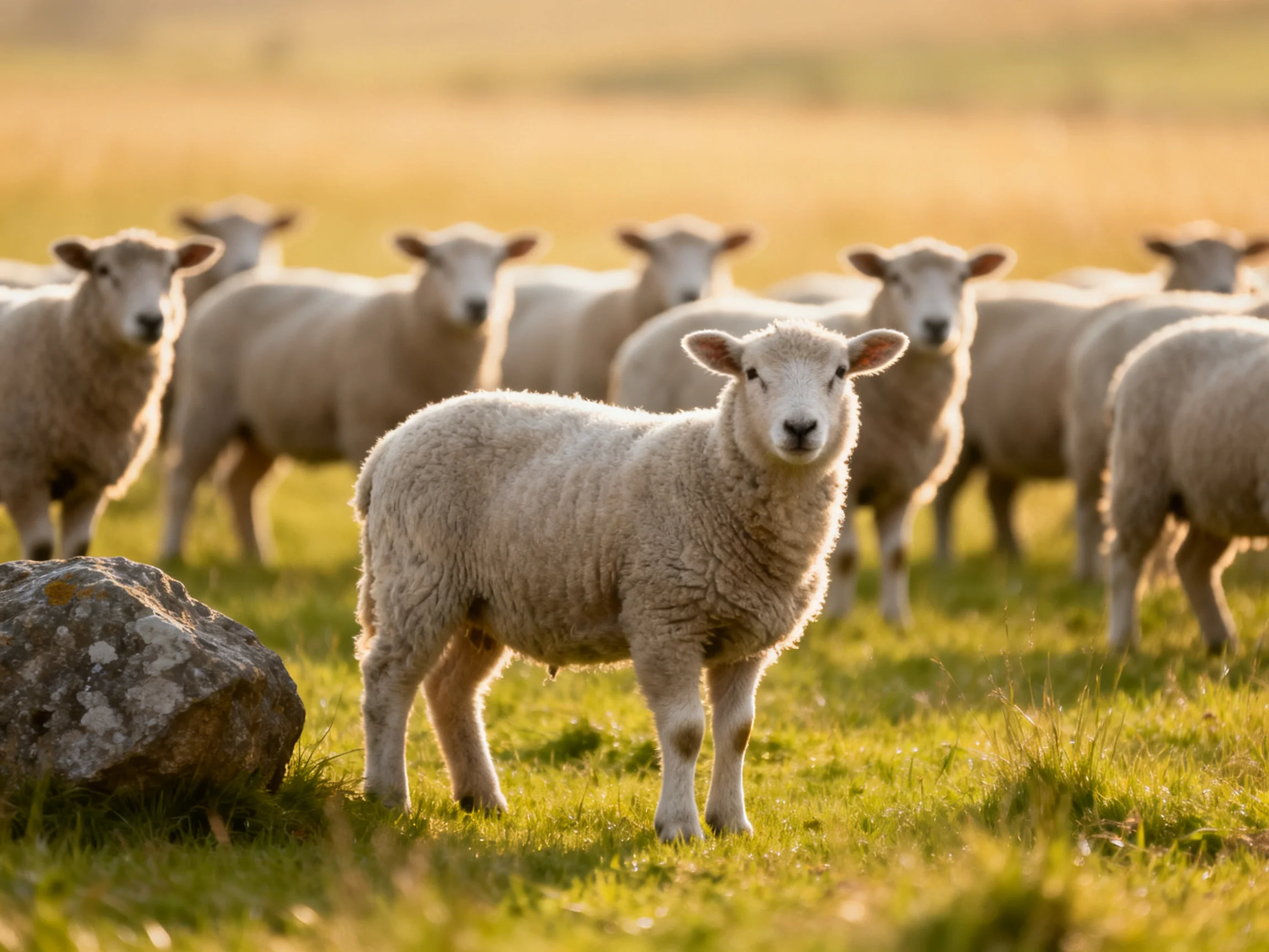 A flock of sheep in a sunlit green meadow