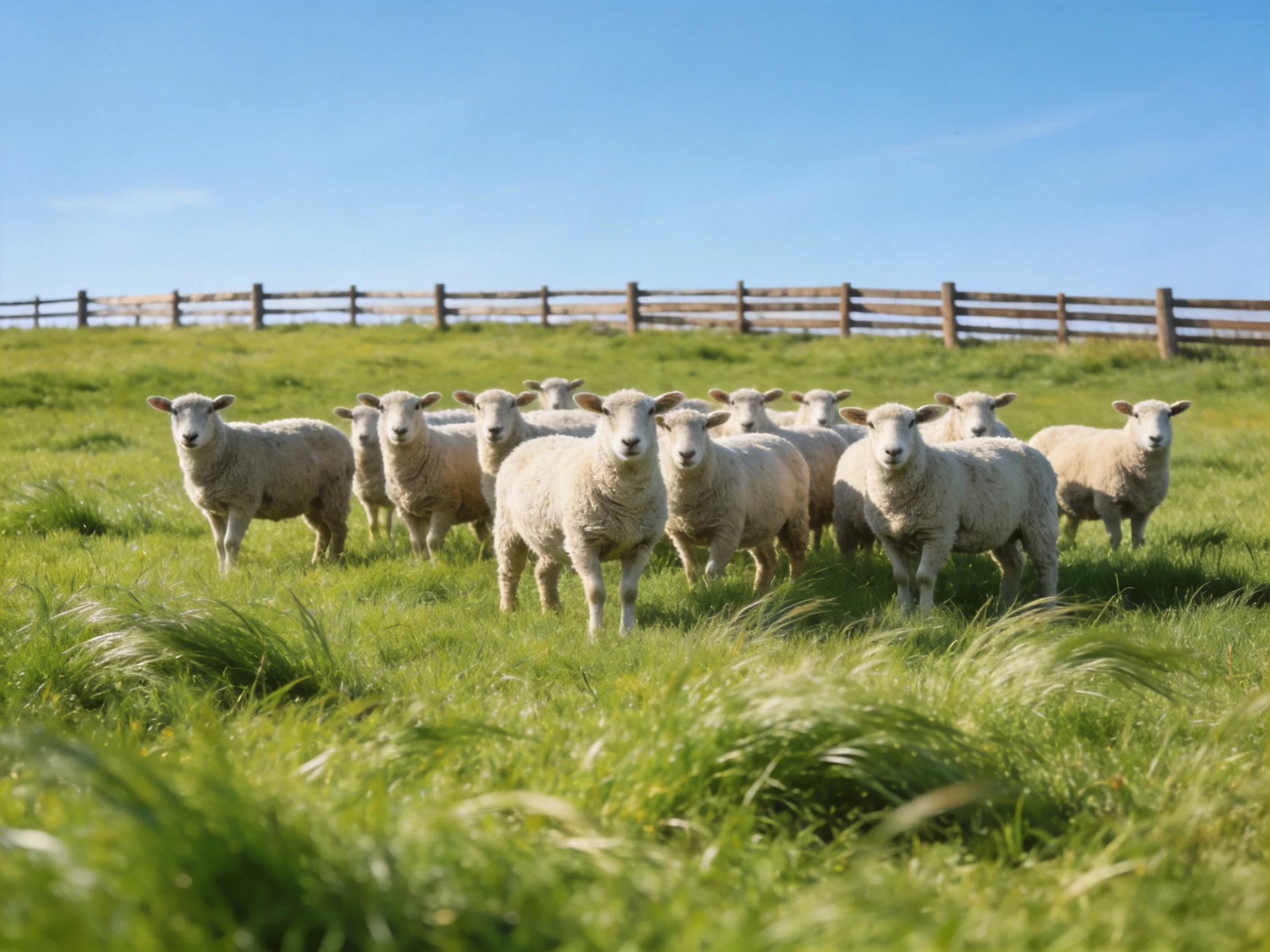 A flock of sheep in a sunlit green pasture