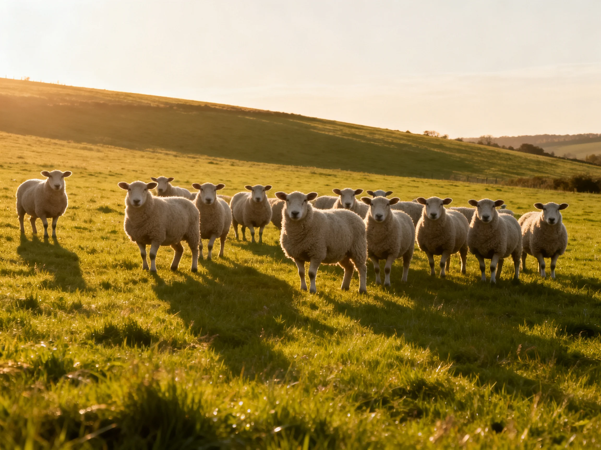 A flock of sheep in a sunlit green pasture
