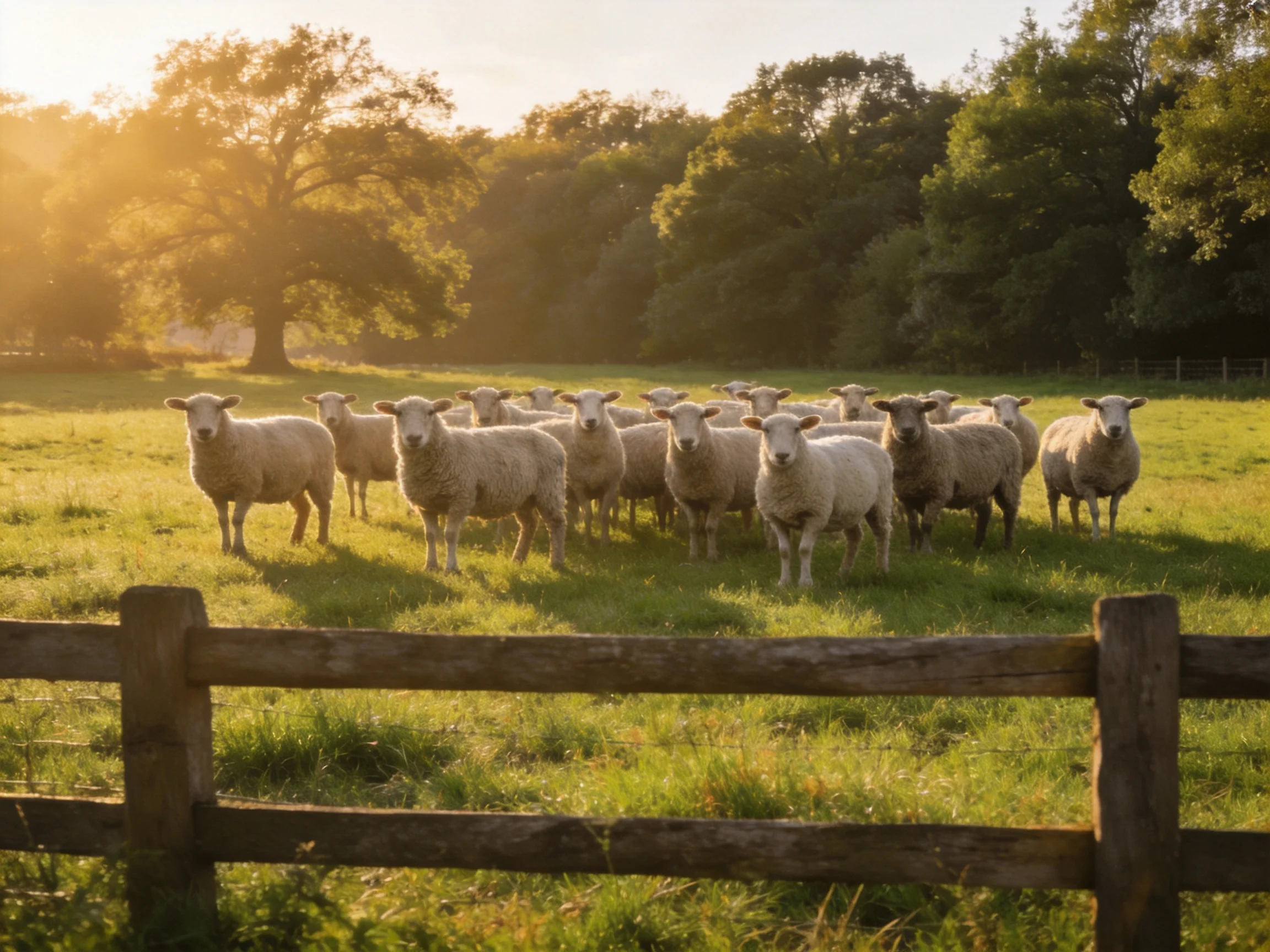 A flock of sheep in a sunlit green pasture by wooden fencing