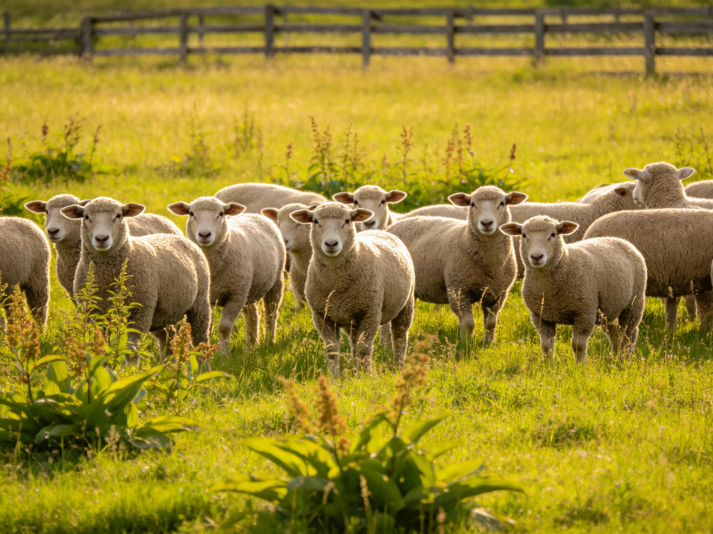 A flock of sheep in a sunlit green pasture near a wooden fence